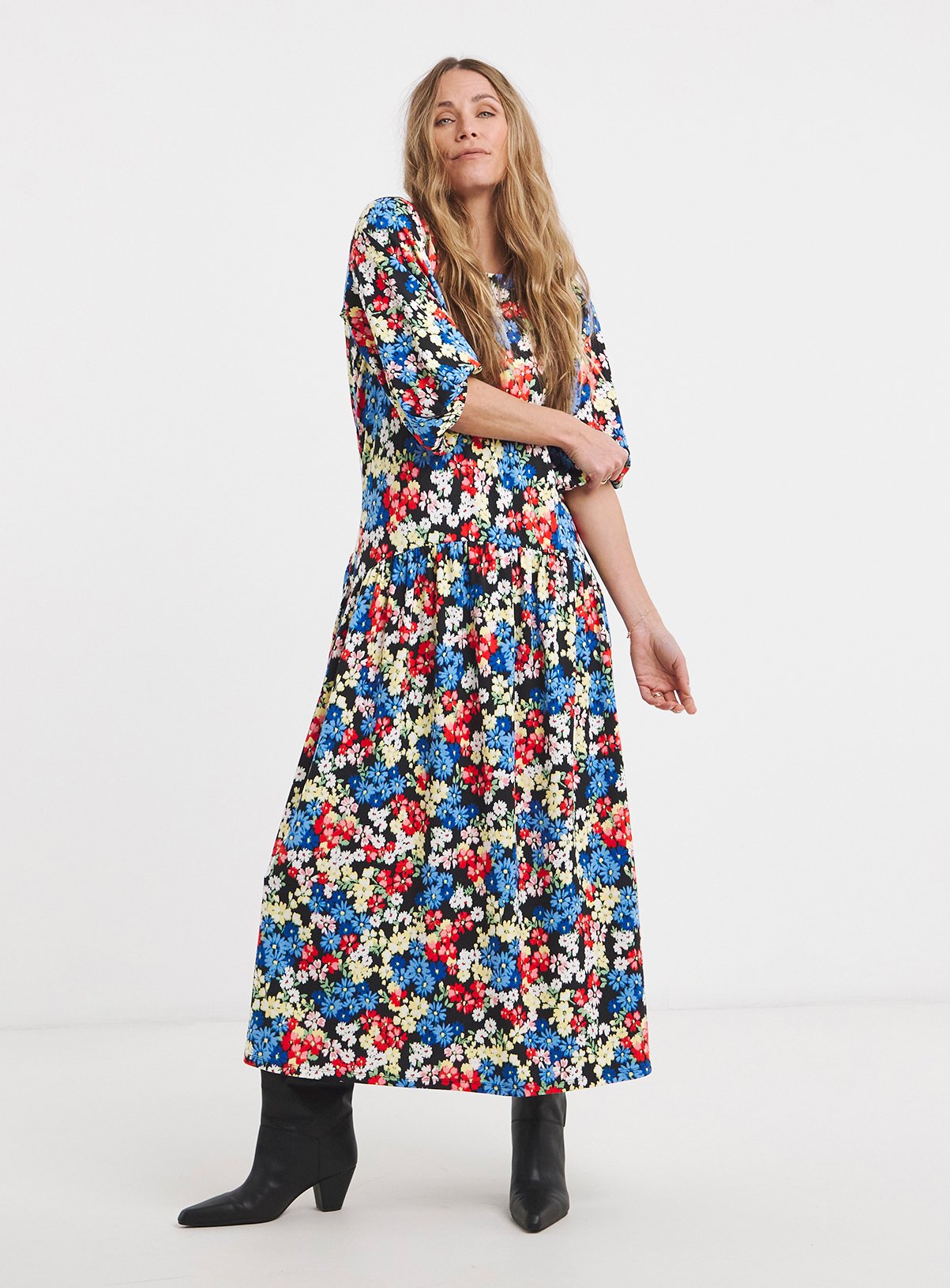 JD WILLIAMS Soft Touch Drop Waist 3/4 Sleeve Smock Dress 