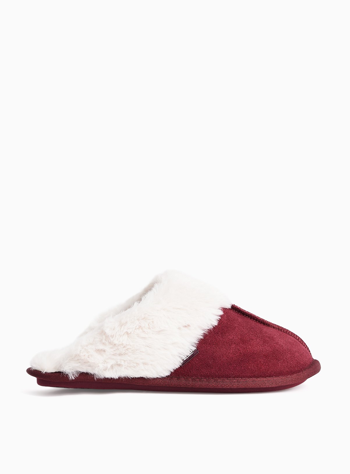 Berry Red Suede Faux Fur Trim Mule Slippers 