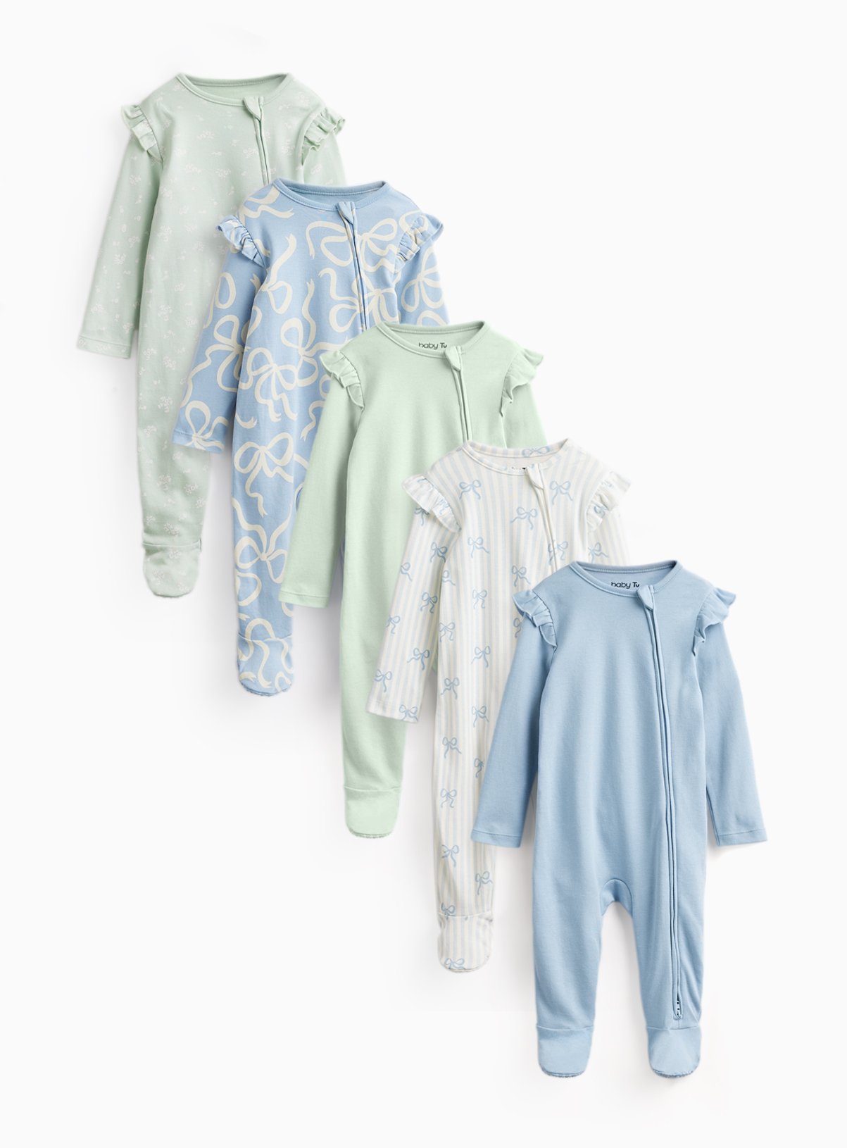 Green & Blue Bow Print Frill Detail Sleepsuits 5 Pack Up to 3 mths