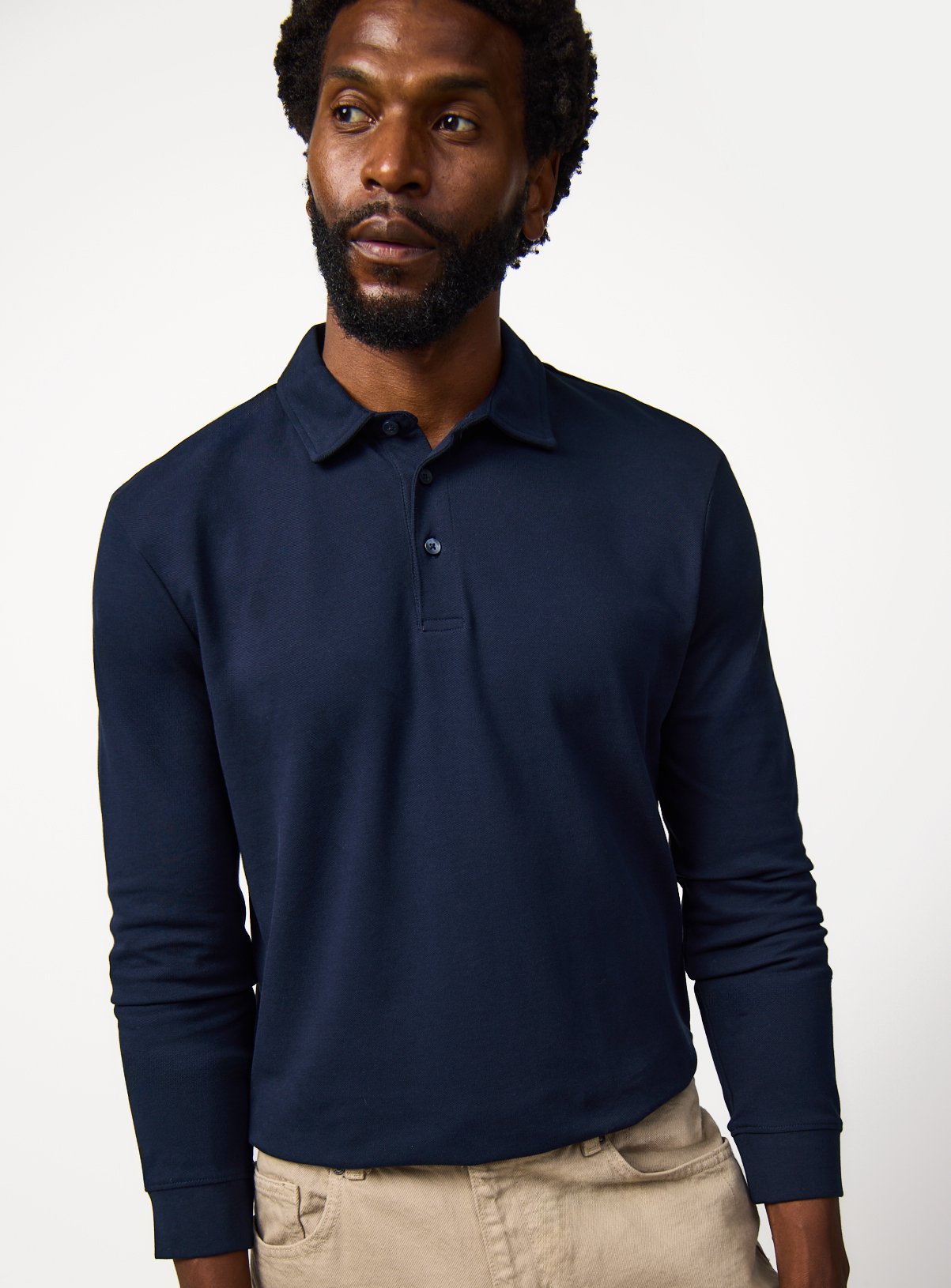Navy Pique Long Sleeve Polo Shirt 