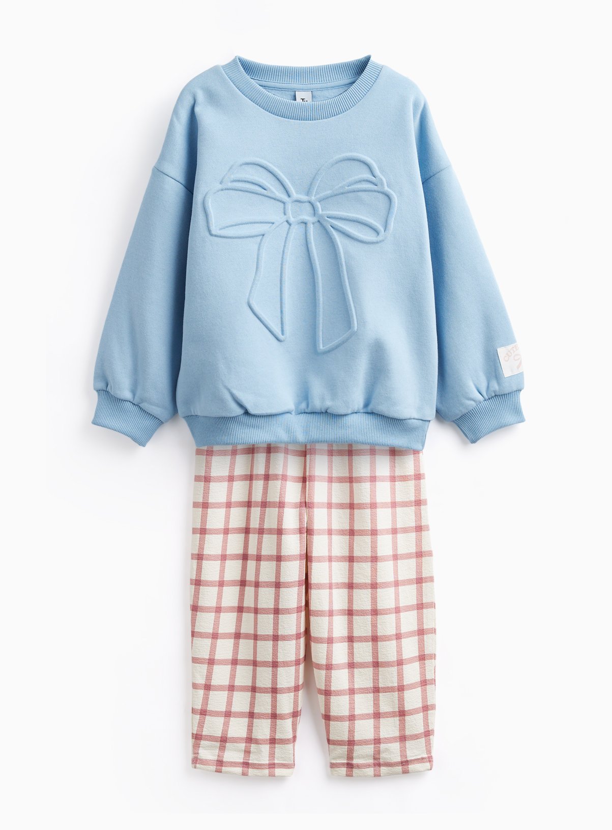 Blue Embossed Bow Sweatshirt & Check Trousers Set 
