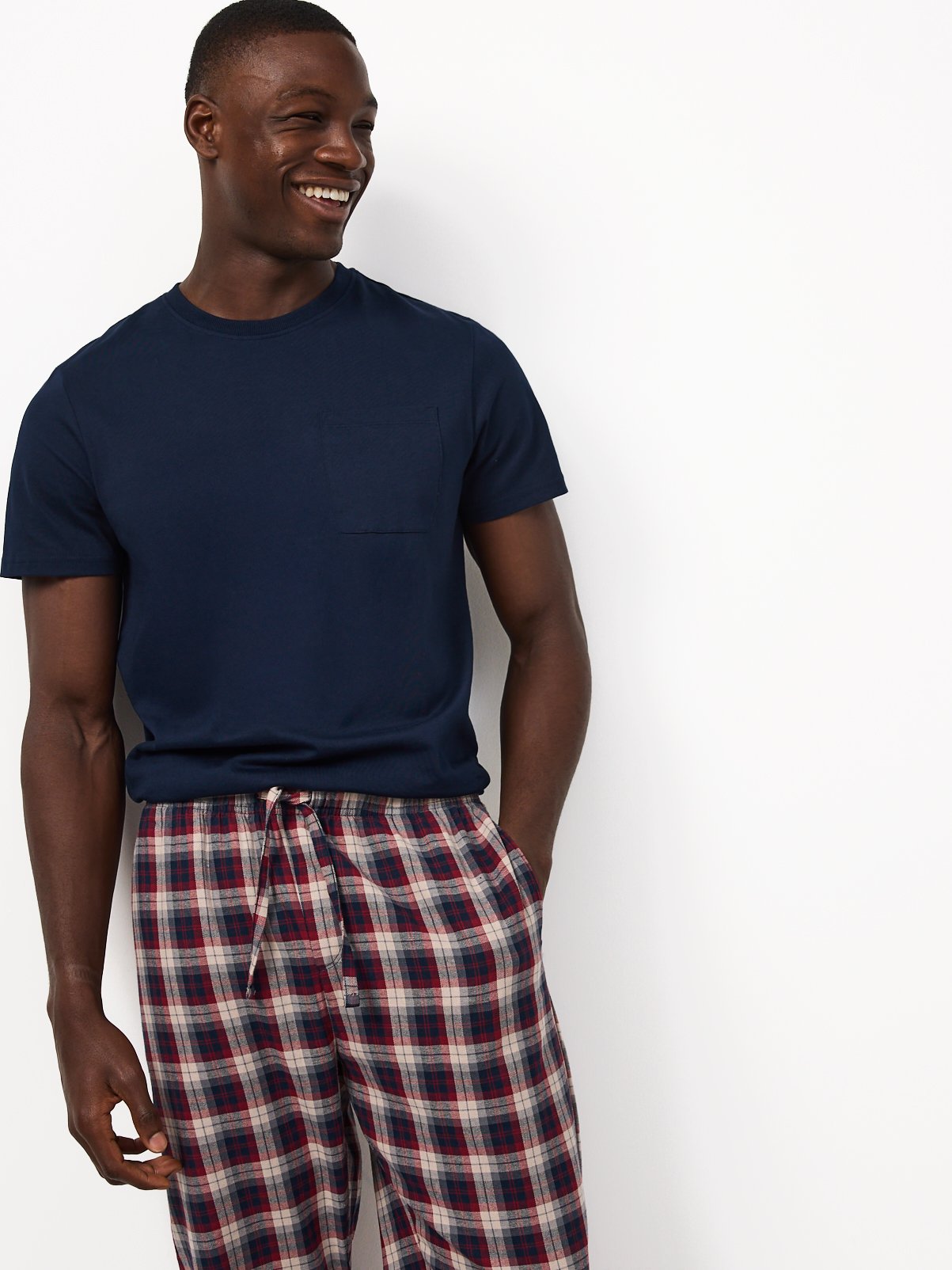 Navy Top & Check Pattern Bottoms Pyjama 2-Piece Set 