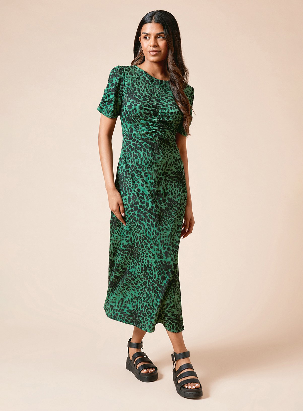 DOROTHY PERKINS Petite Animal Ruched Sleeve Jersey Midi Dress