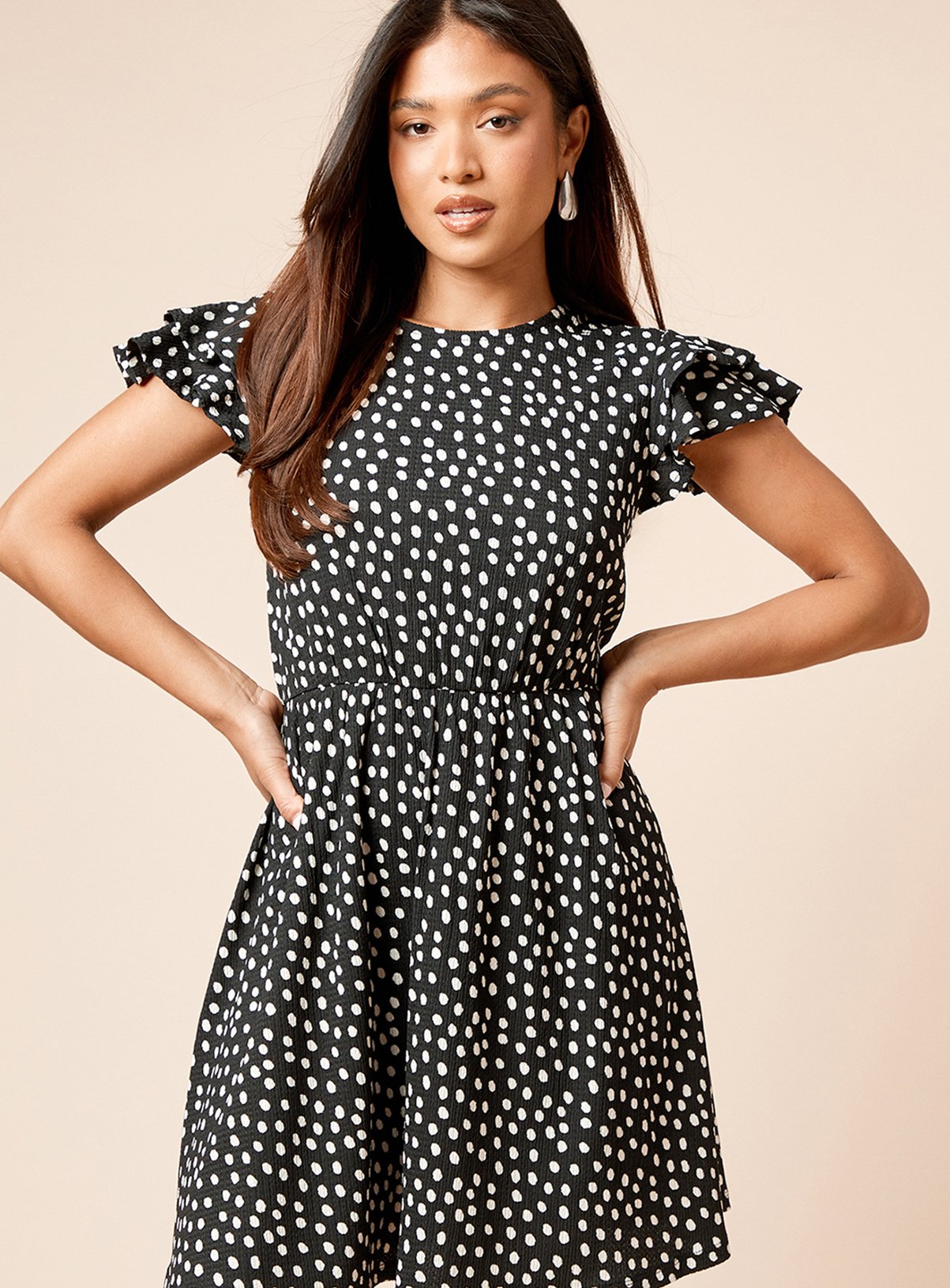 DOROTHY PERKINS Petite Mono Double Angel Sleeve Mini Dress 14