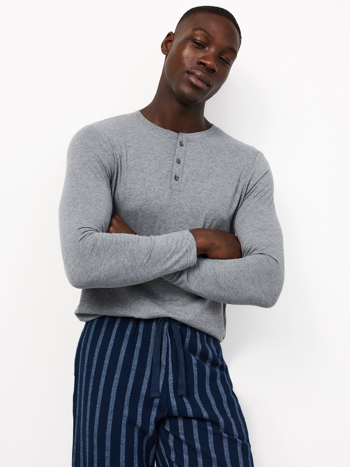 Grey Top & Navy Striped Bottoms Pyjama 2-Piece Set 