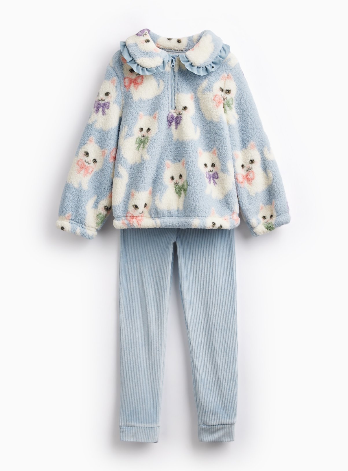 Borg Frill Collar Cat Print Pyjama Set 