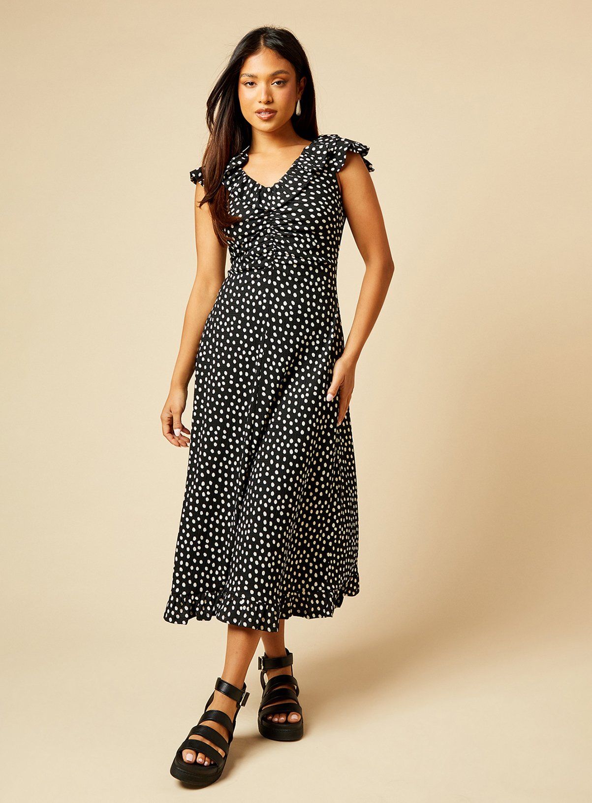 DOROTHY PERKINS Petite Mono Frill Neck Ruched Front Midi Dress 