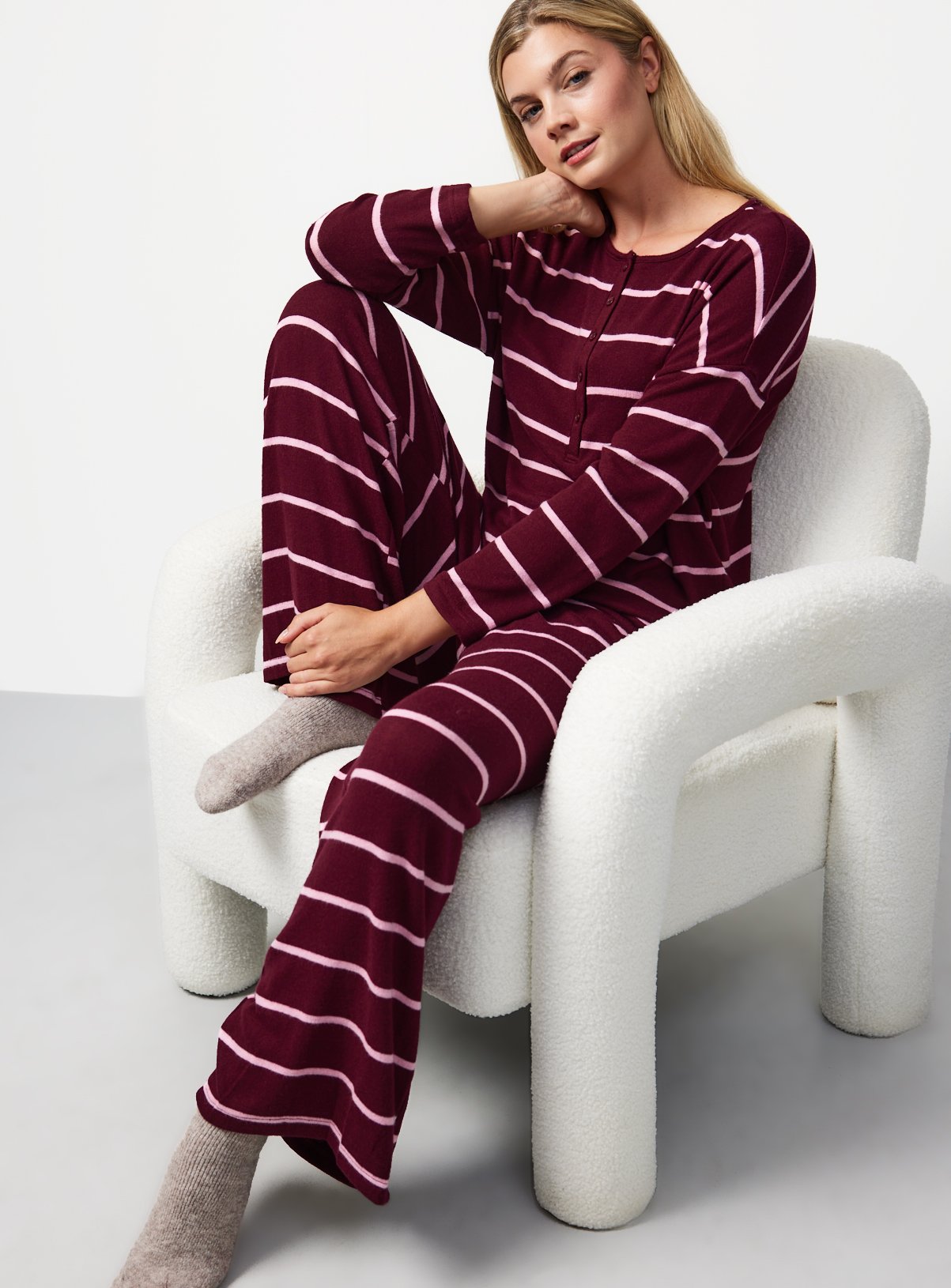Burgundy & Pink Stripe Wide Leg Co-ord Pyjama Bottoms 