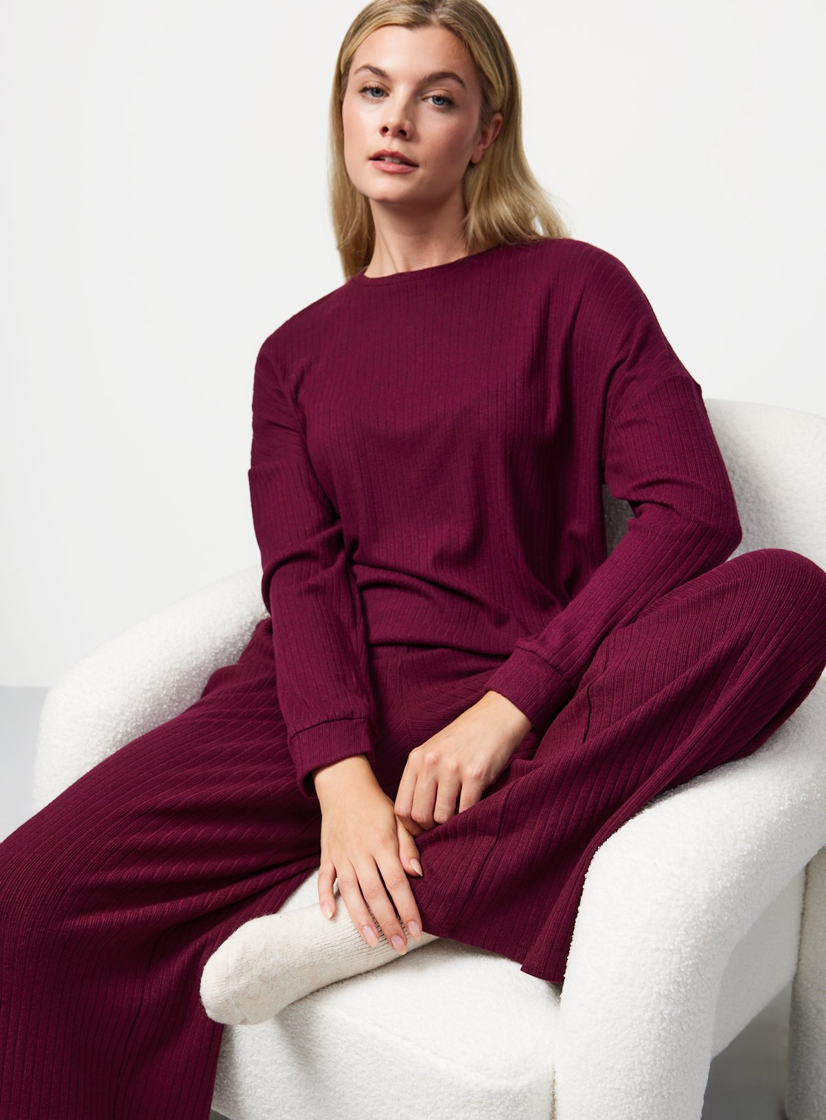 Burgundy Ribbed Long Sleeve Co-ord Pyjama Top 