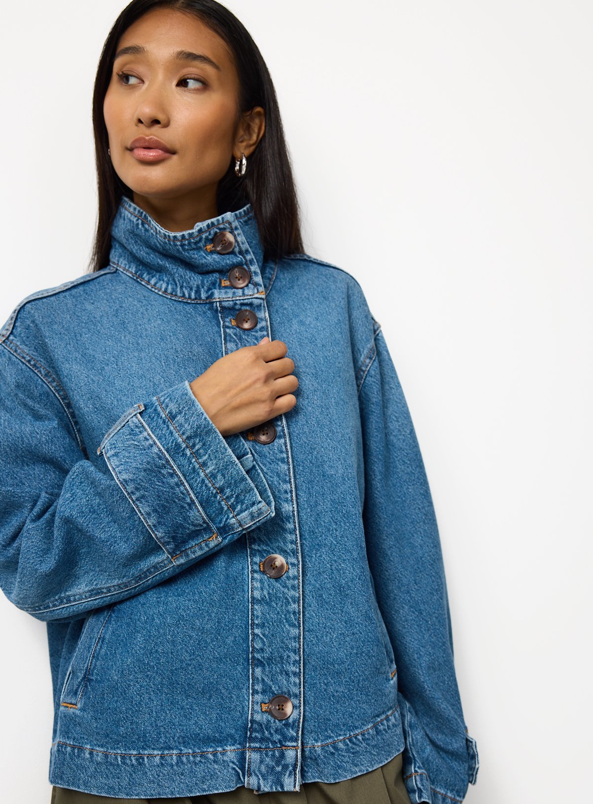 Mid Wash Denim Funnel Neck Jacket 