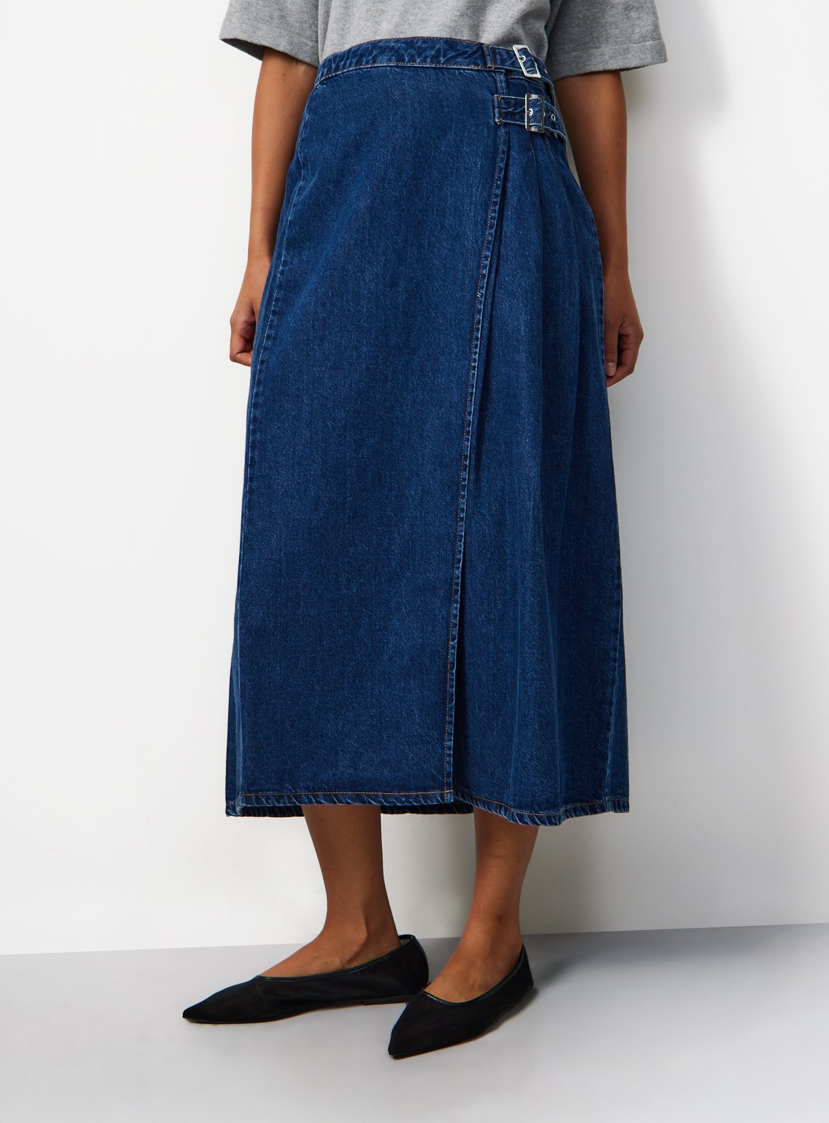 Dark Denim Pleated Tab Detail Midi Kilt Skirt 