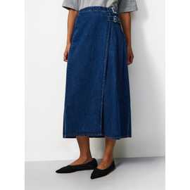 Dark Denim Pleated Tab Detail Midi Kilt Skirt