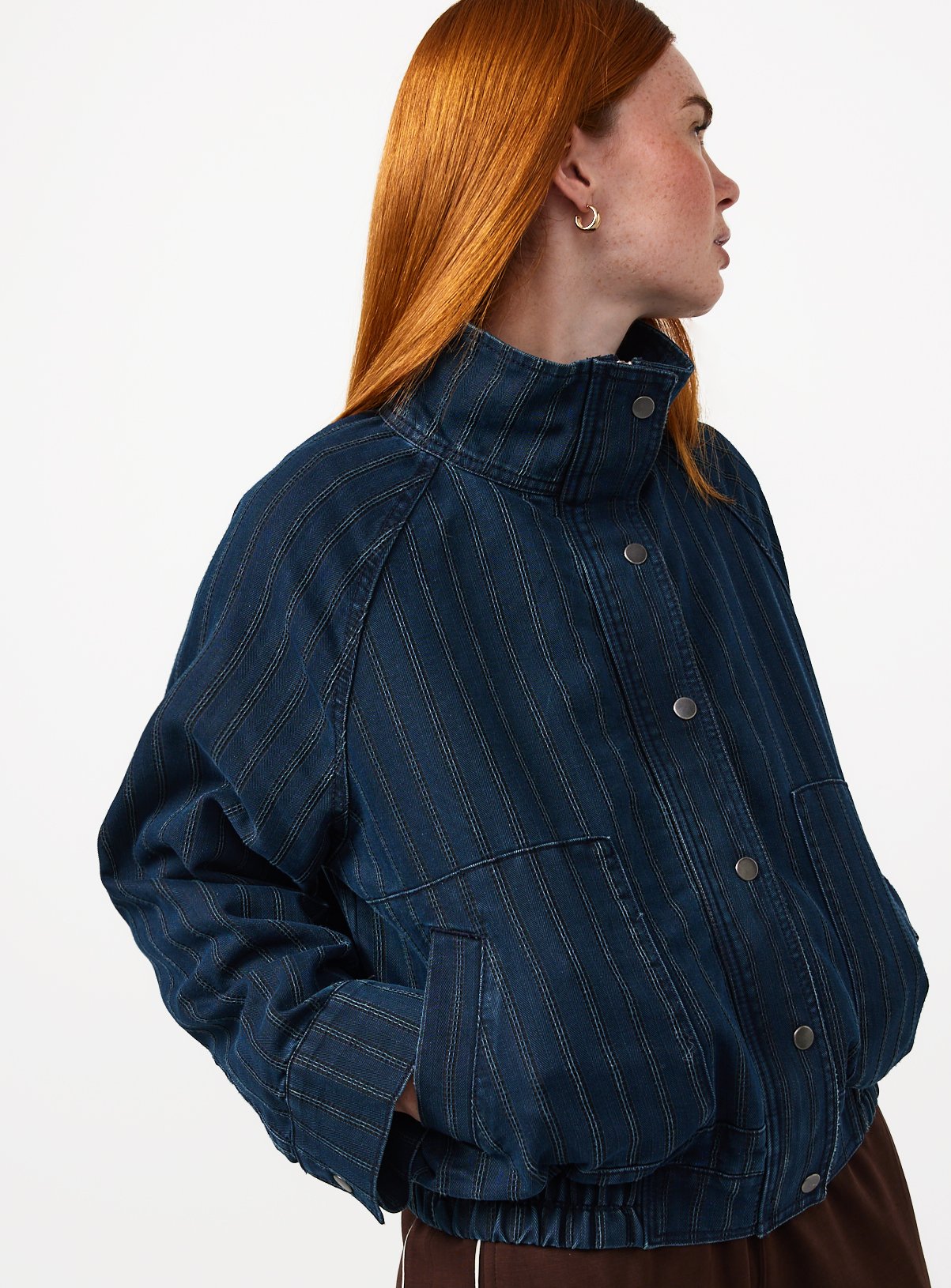 Dark Blue Denim Button-Up Bomber Jacket 
