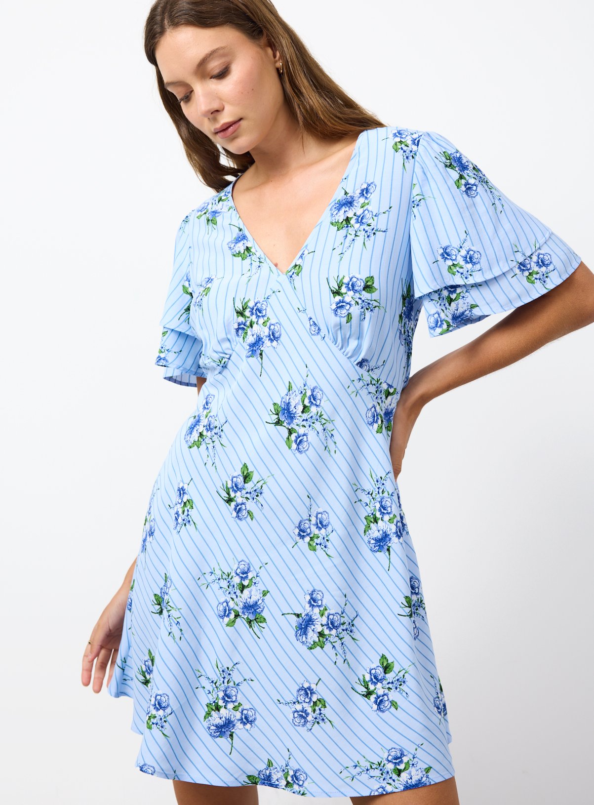 Blue Stripe Floral Print Mini Tea Dress