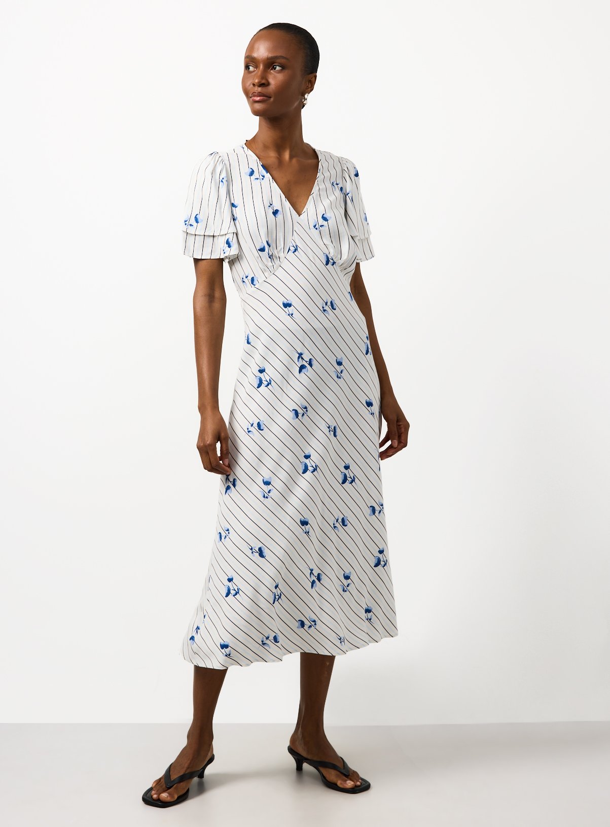 Blue Stripe Floral Print Midaxi Tea Dress 8