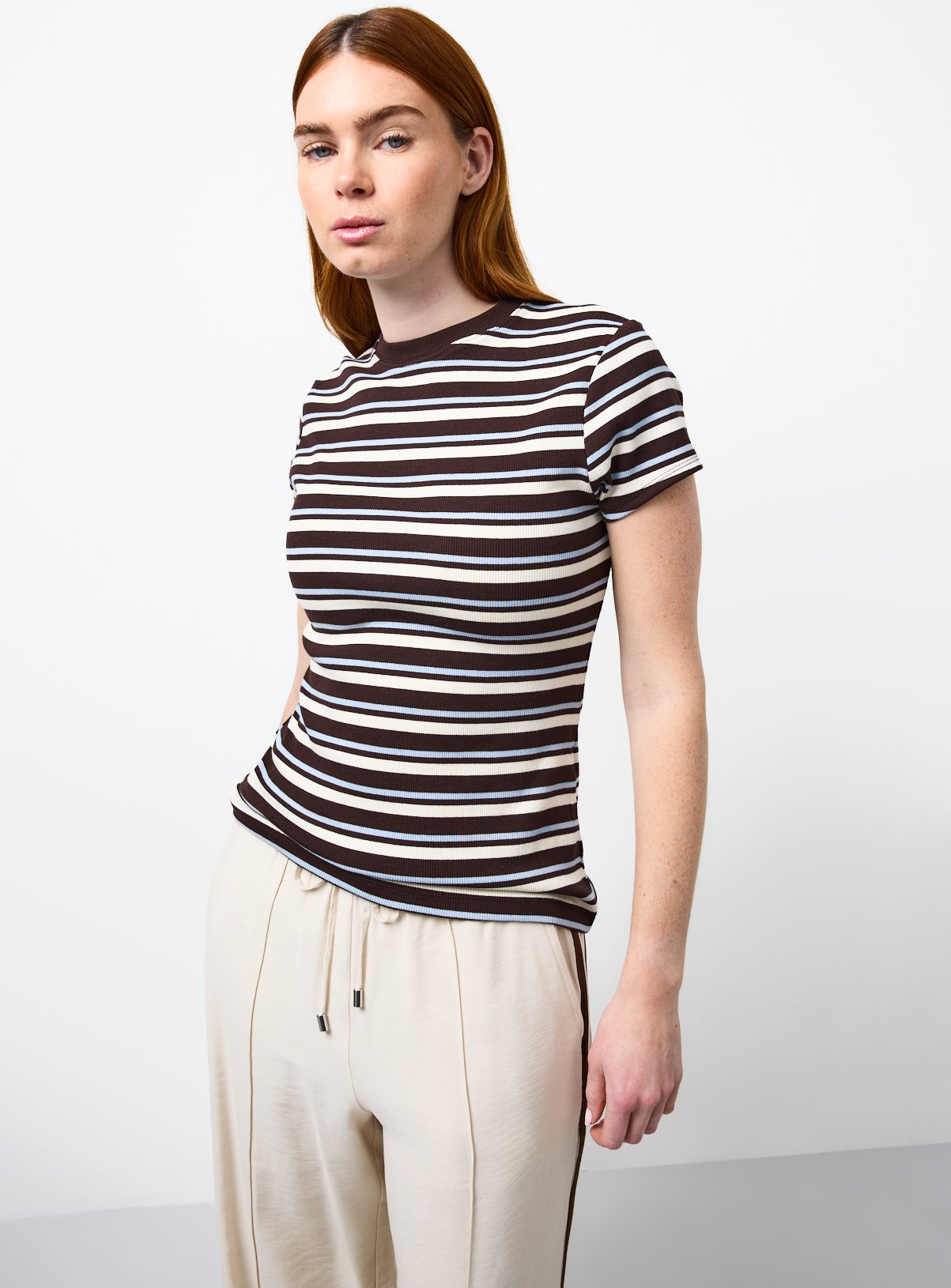 Brown Ribbed Stripe Slim Fit Short Sleeve Top 20