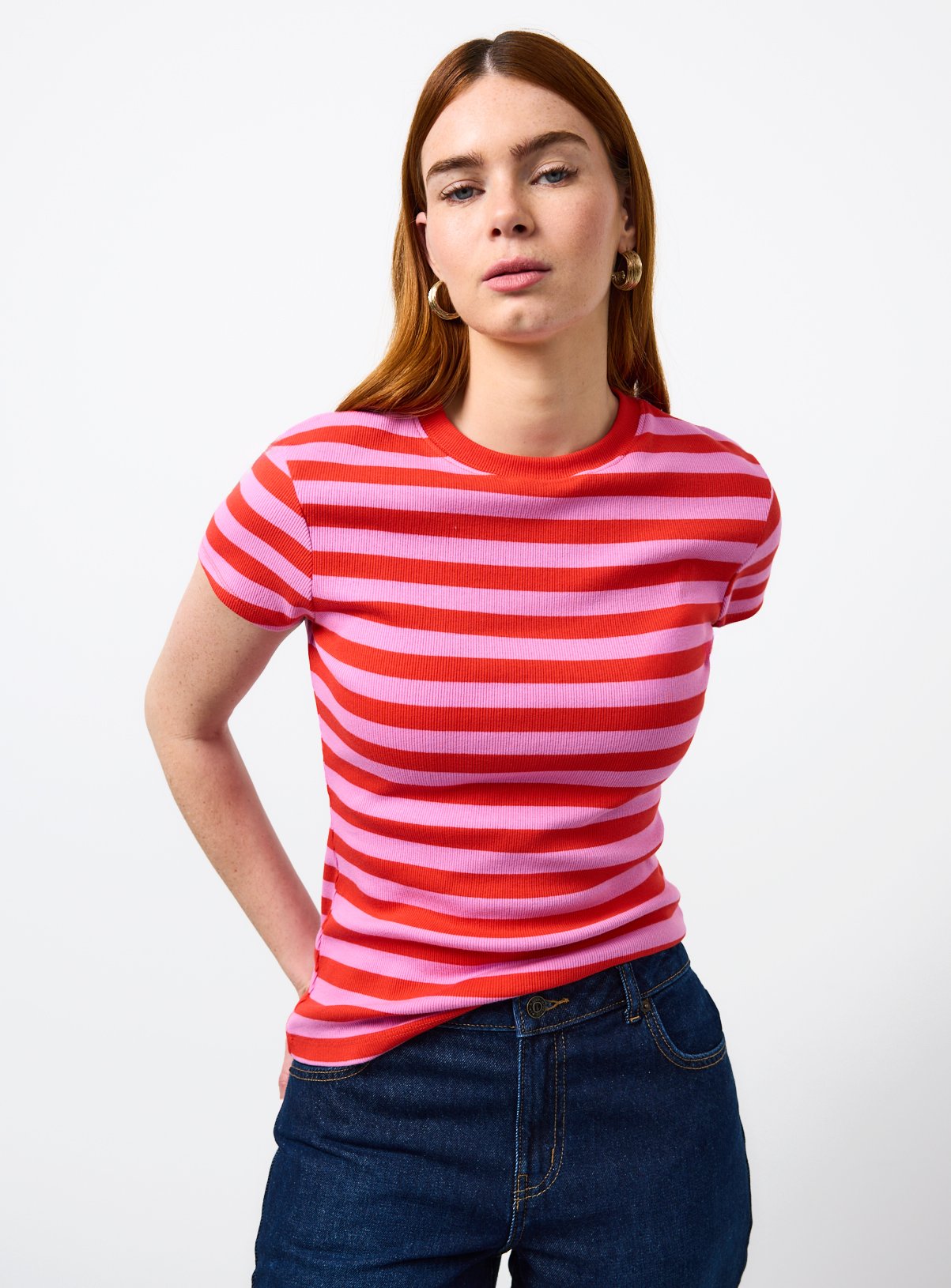 Pink Ribbed Stripe Slim Fit Short Sleeve Top 24