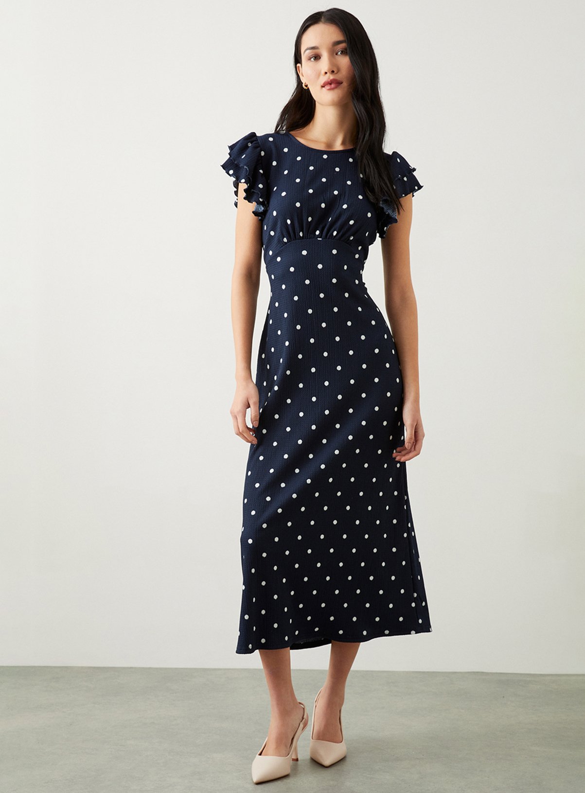 DOROTHY PERKINS Navy Spot Print Ruffle Sleeve Empire Jersey Midi Dress 