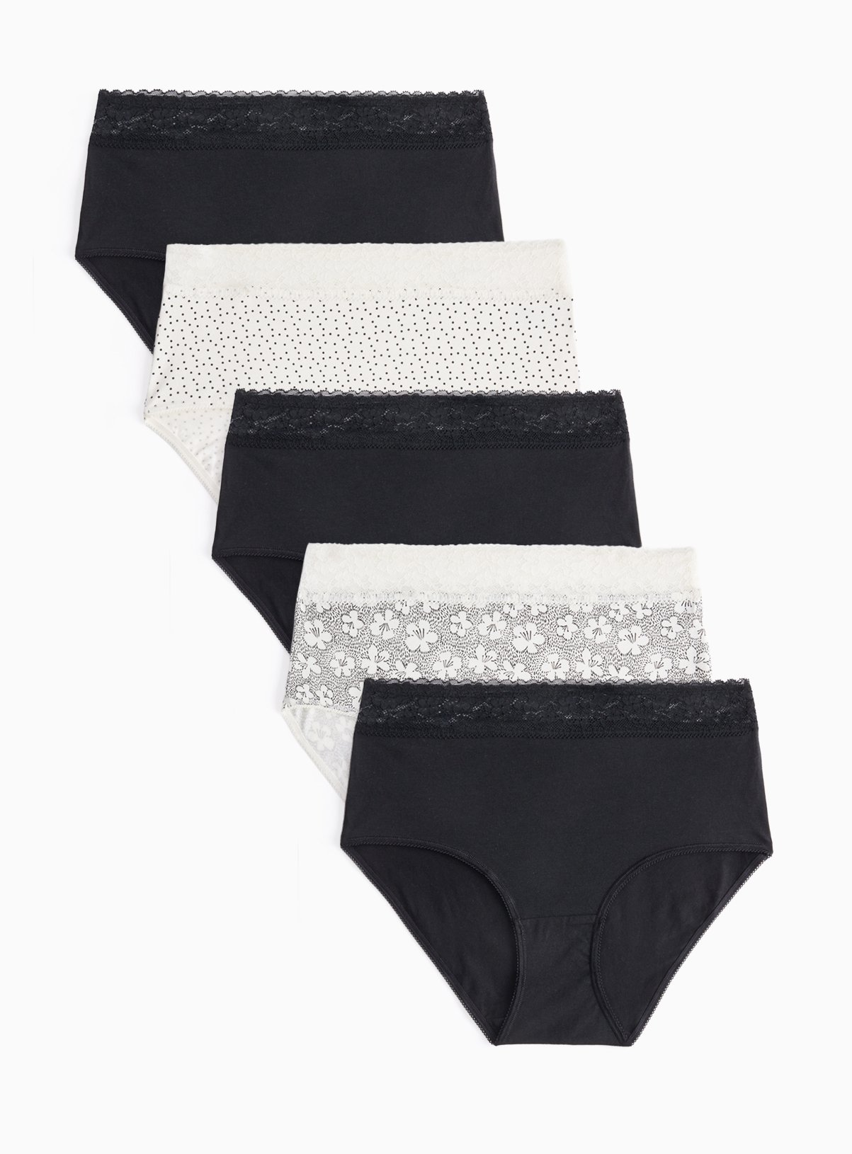 Mono Ditsy Print Lace Trim Full Briefs 5 Pack 