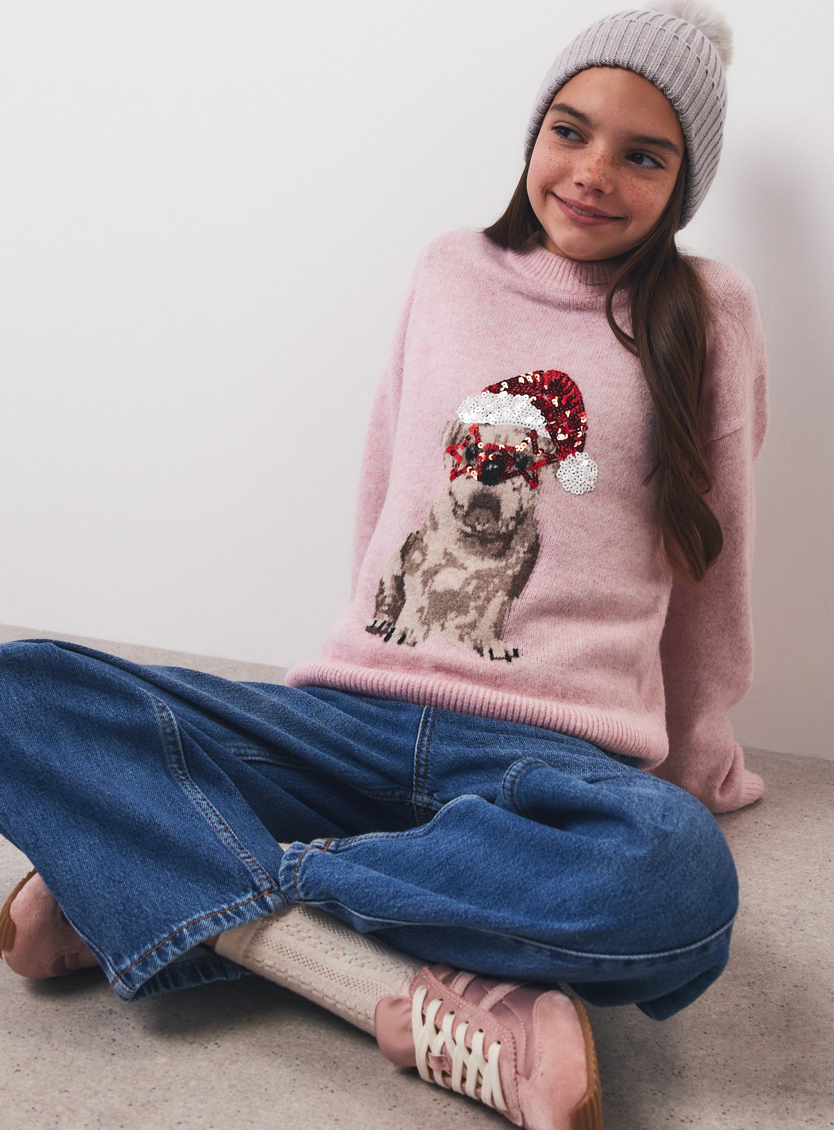 Family Matching Kids' Pink Sequin Bulldog Christmas Jumper 