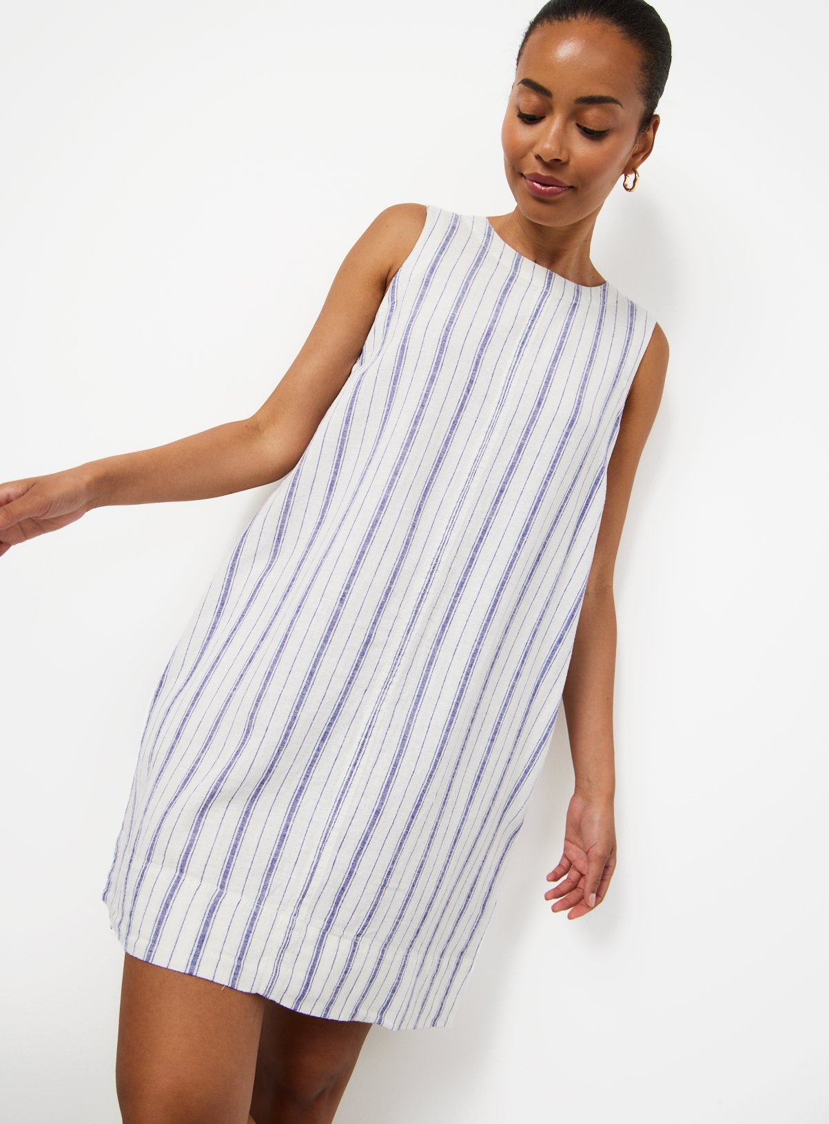 White Stripe Print Linen Rich Sleeveless Mini Shift Dress 