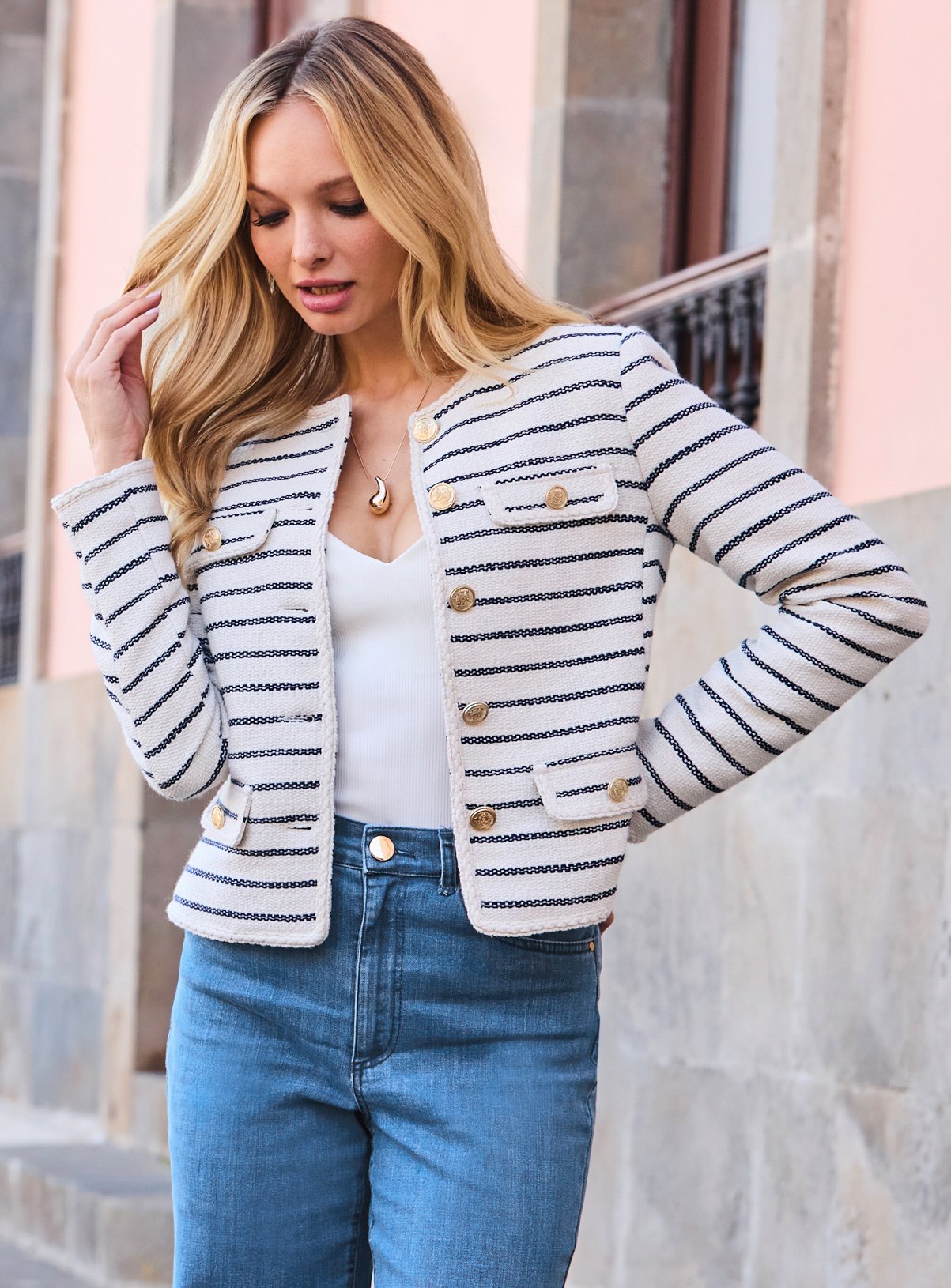 SOSANDAR Ivory & Navy Stripe Boucle Jacket
