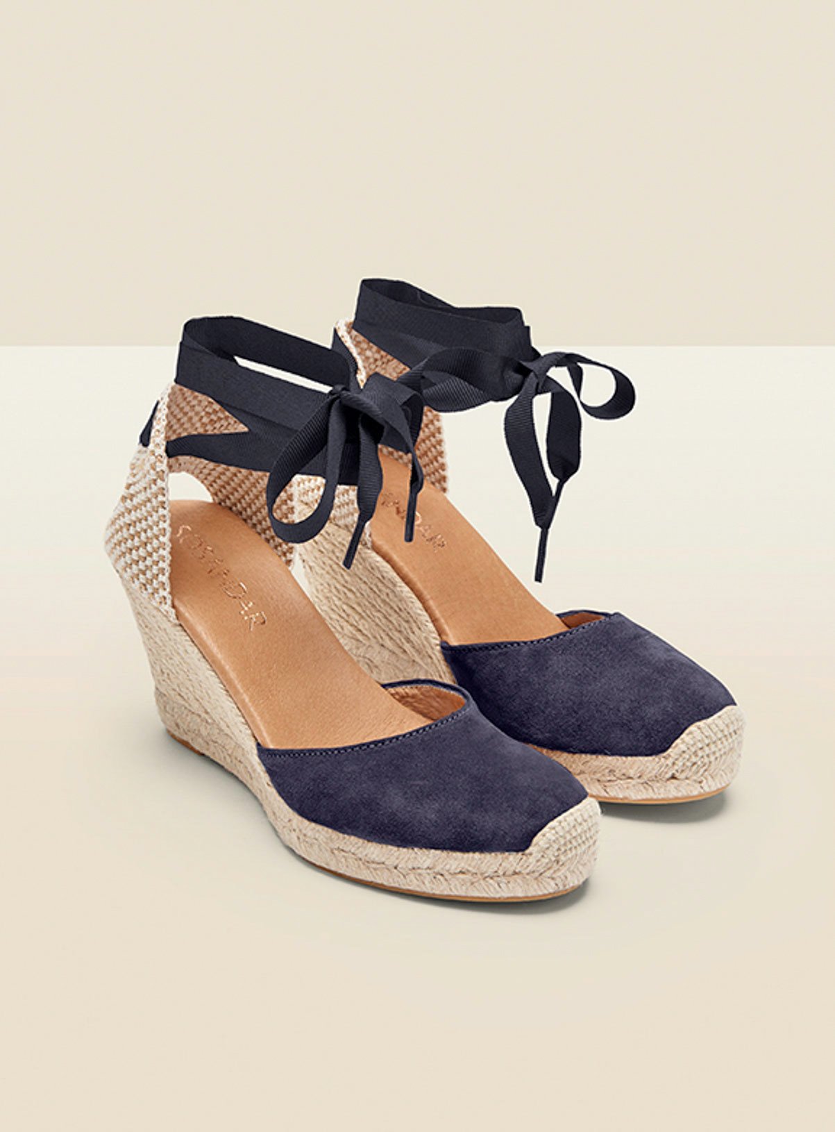 SOSANDAR Perla Navy Blue Suede Valenciana Wedge Espadrille