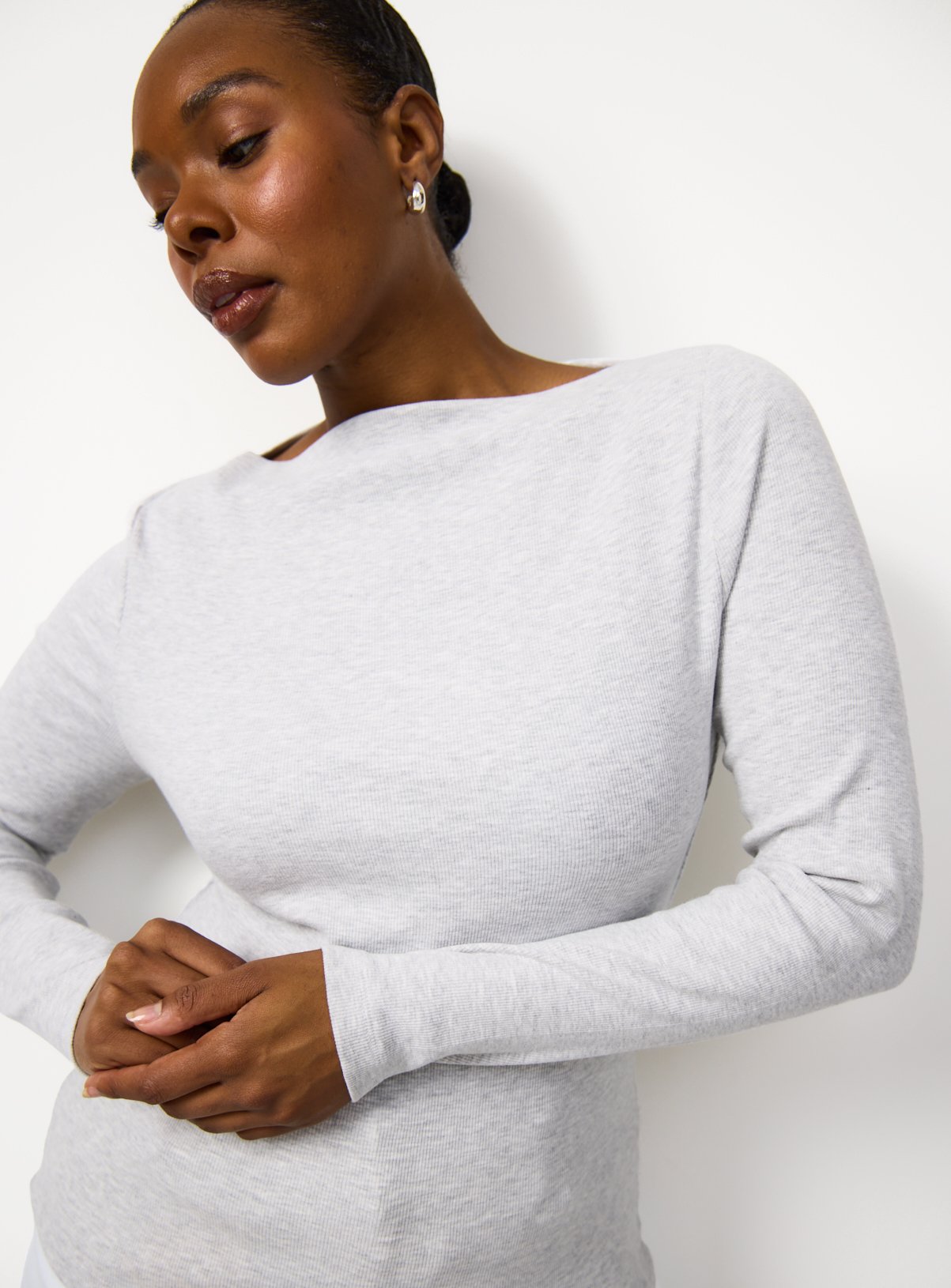 Brushed Ribbed Long Sleeve Slash Neckline Top 