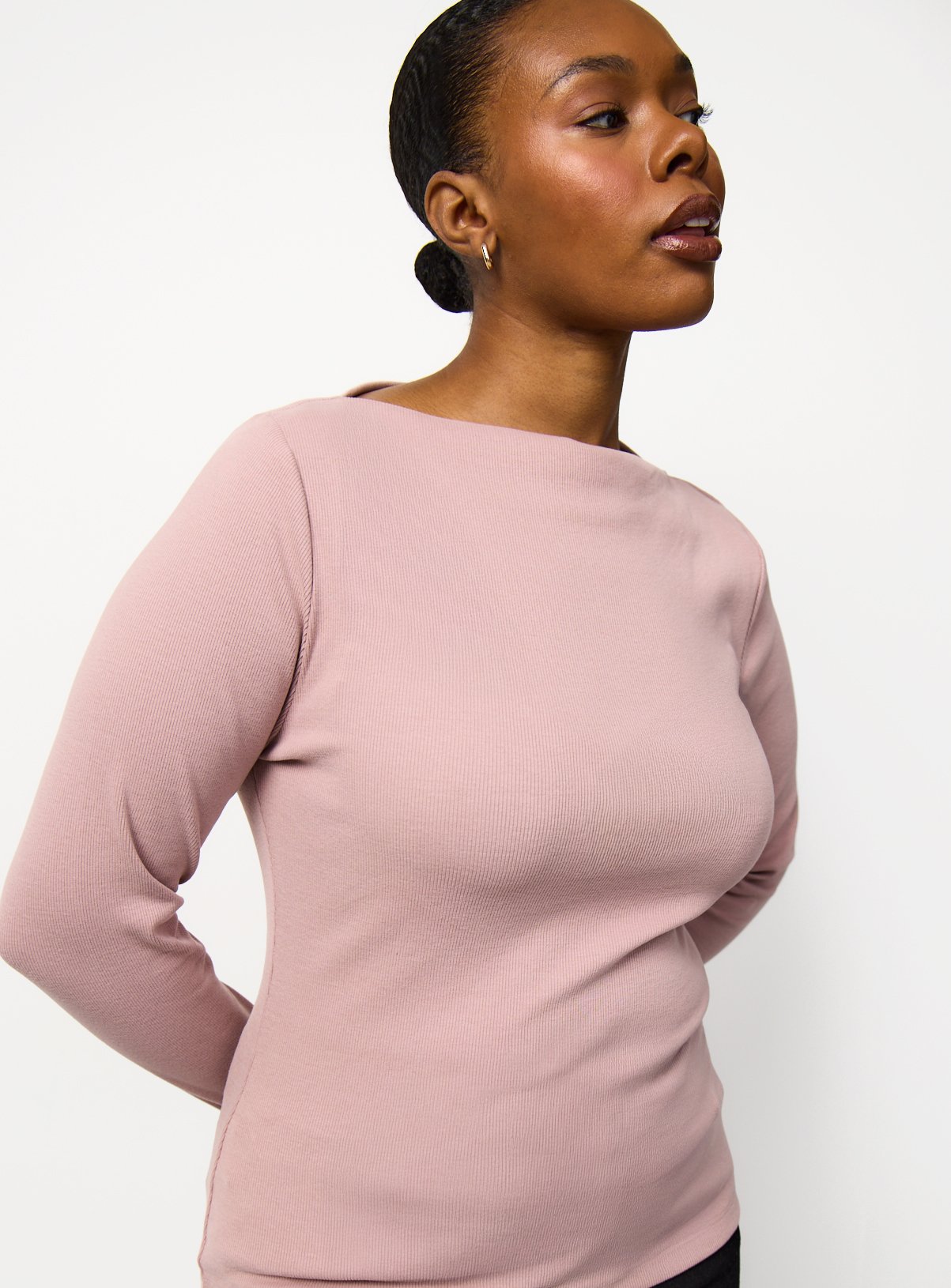 Brushed Ribbed Long Sleeve Slash Neckline Top 