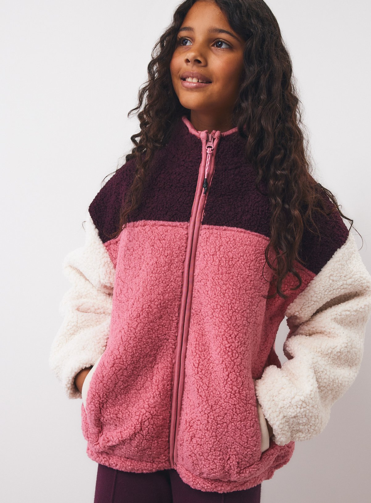 Colour Block Borg Zip Through Fleece Jacket 