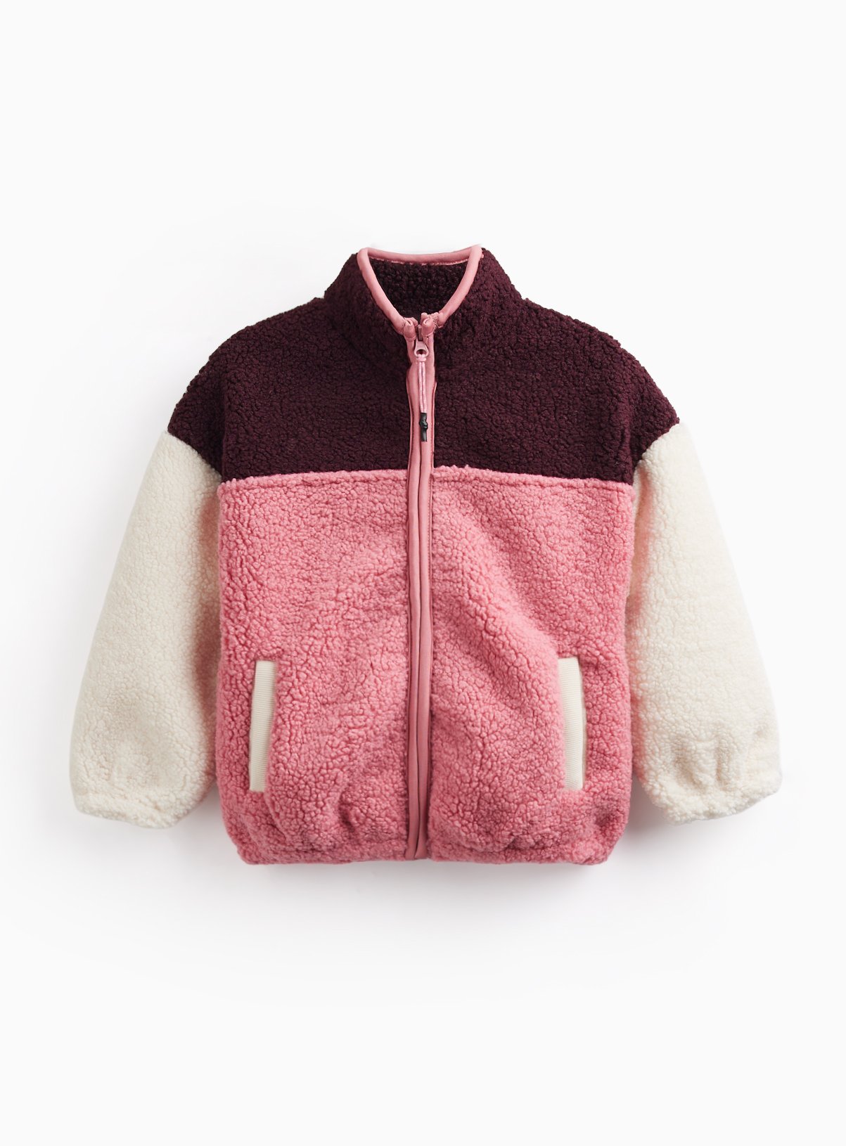 Pink, Black & Cream Colour Block Borg Zip Through Fleece Jacket 