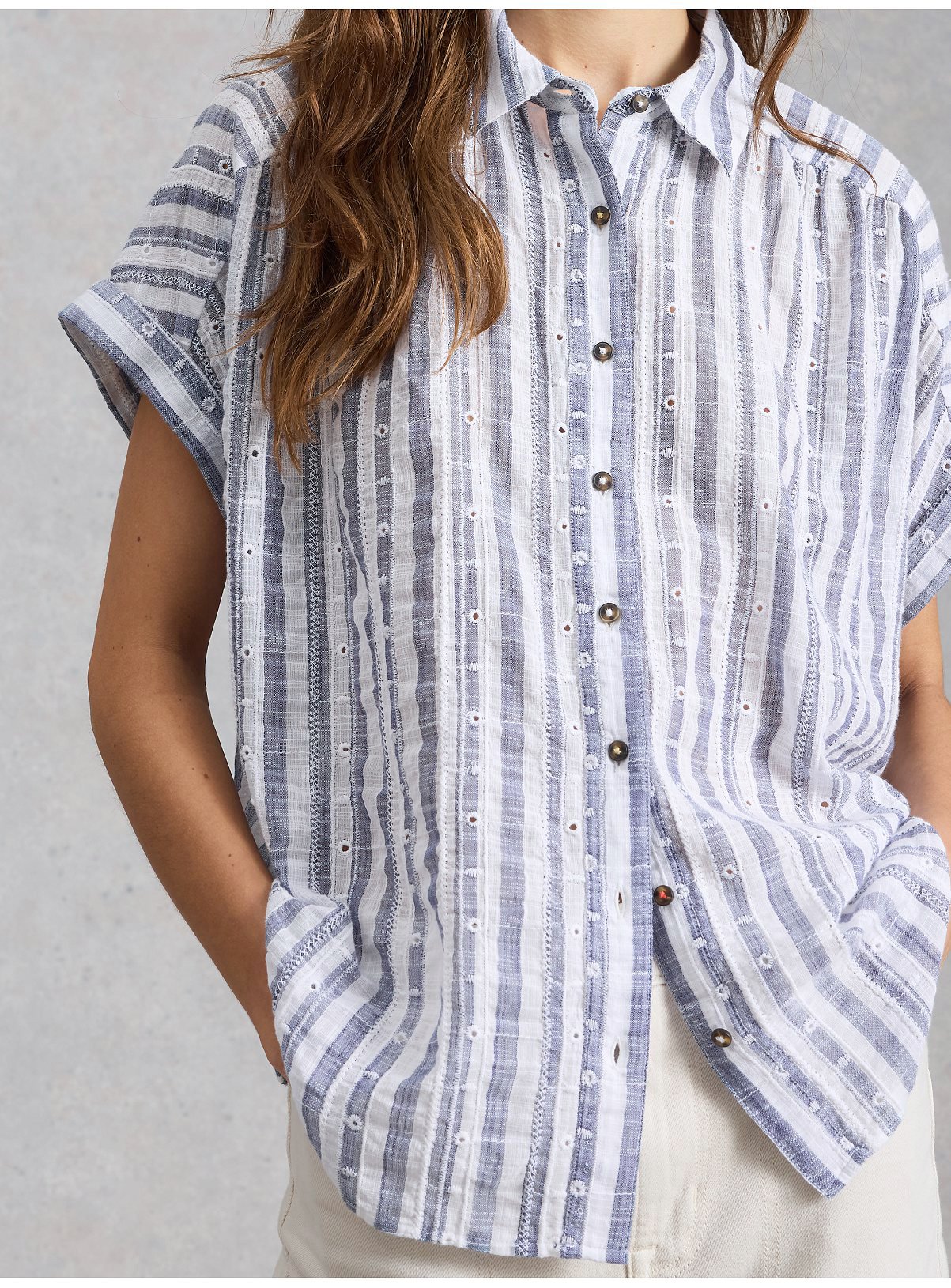WHITE STUFF Orla Button Through Shirt Blue Stripe 