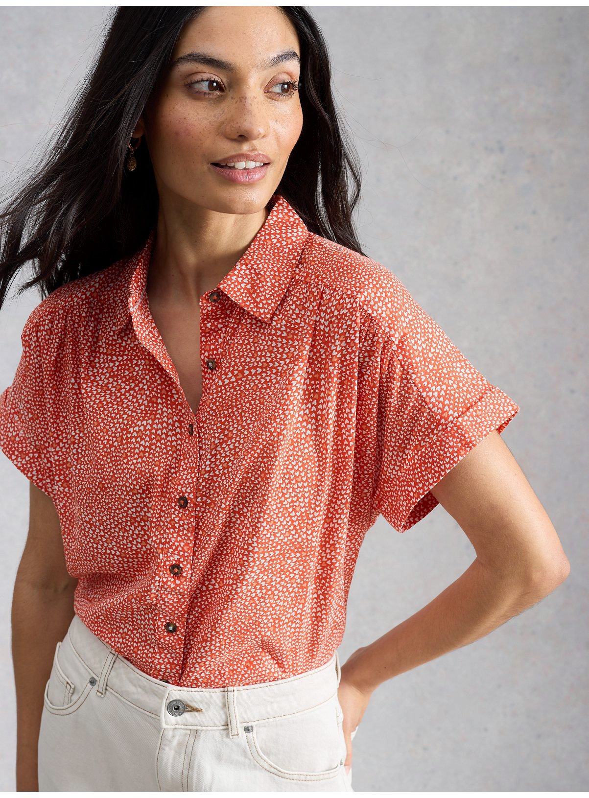 WHITE STUFF Orla Button Through Shirt Red Heart Print