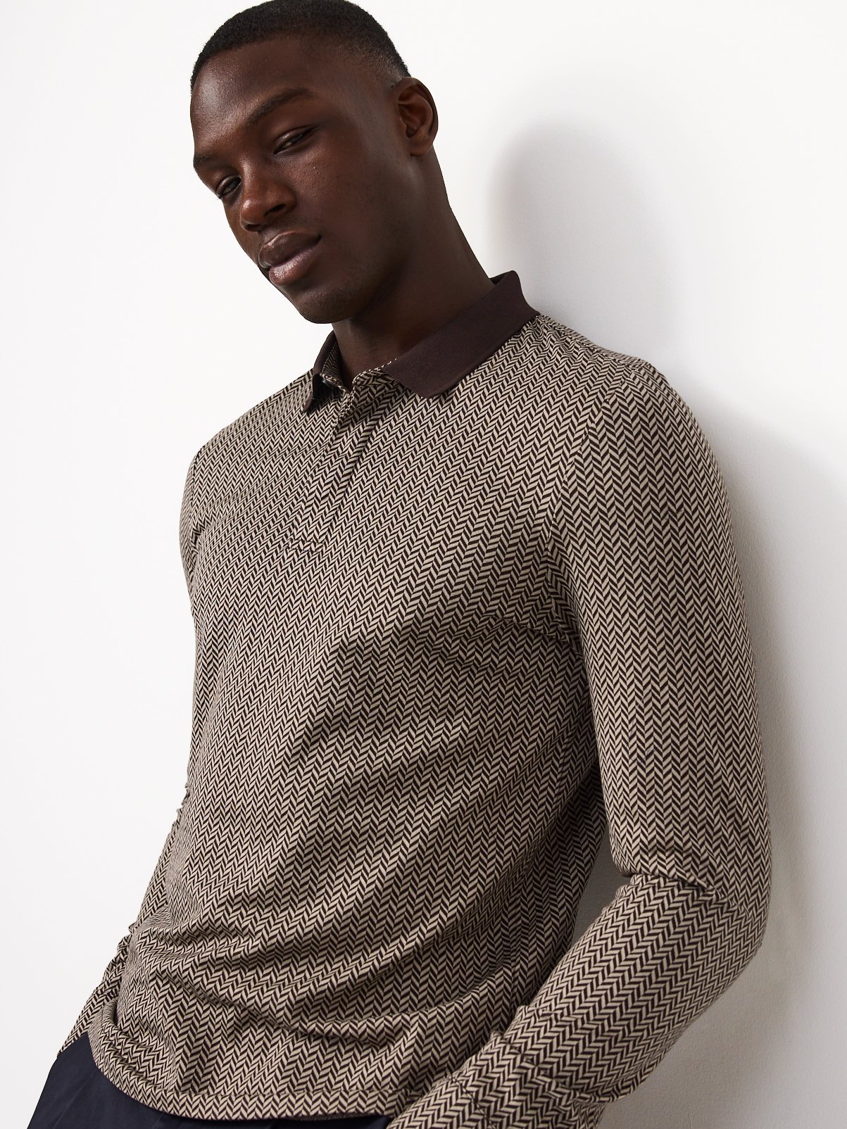 Pure Cotton Herringbone Long-Sleeved Polo Shirt 