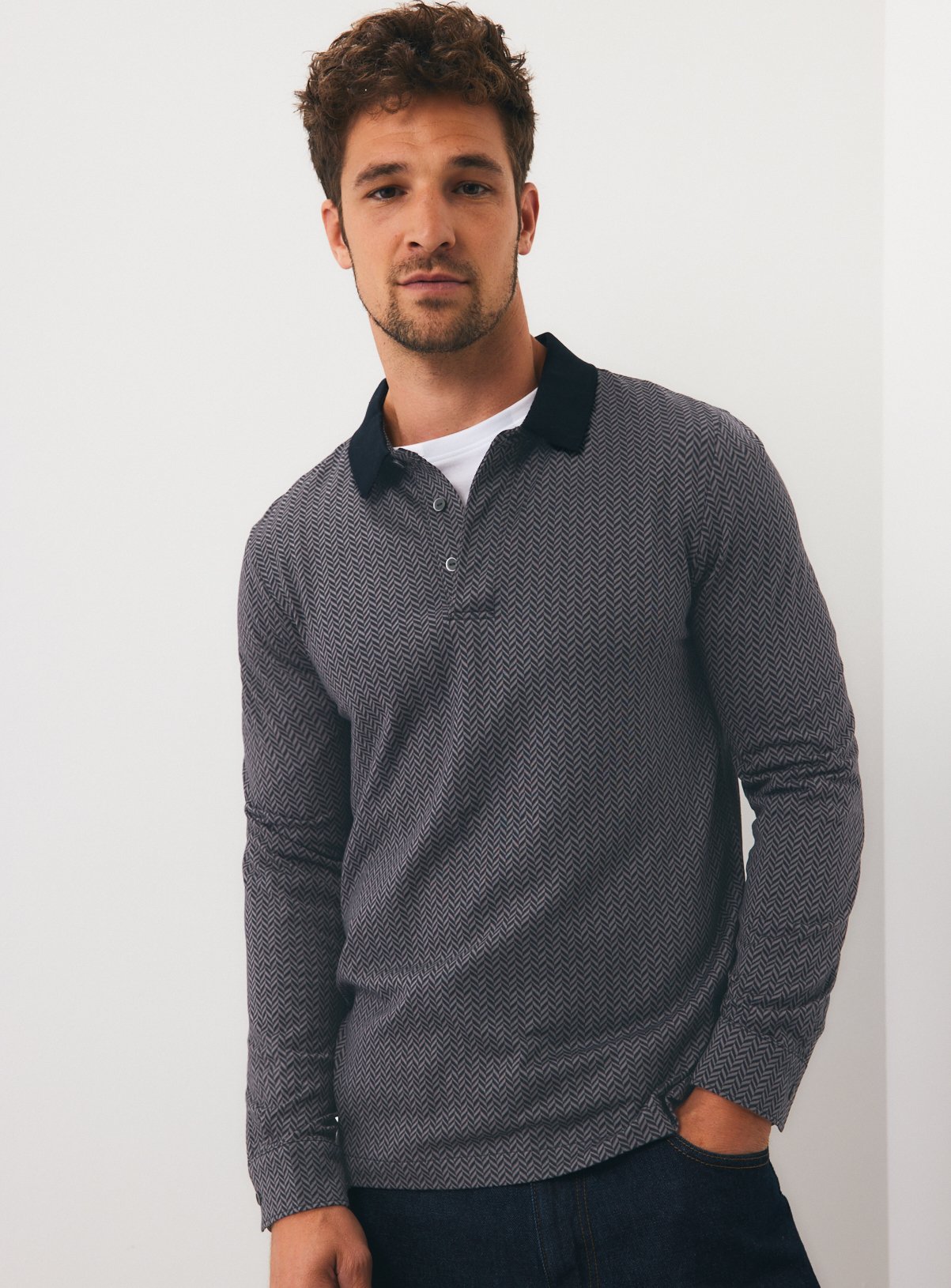 Black Long Sleeved Herringbone Polo XXXL