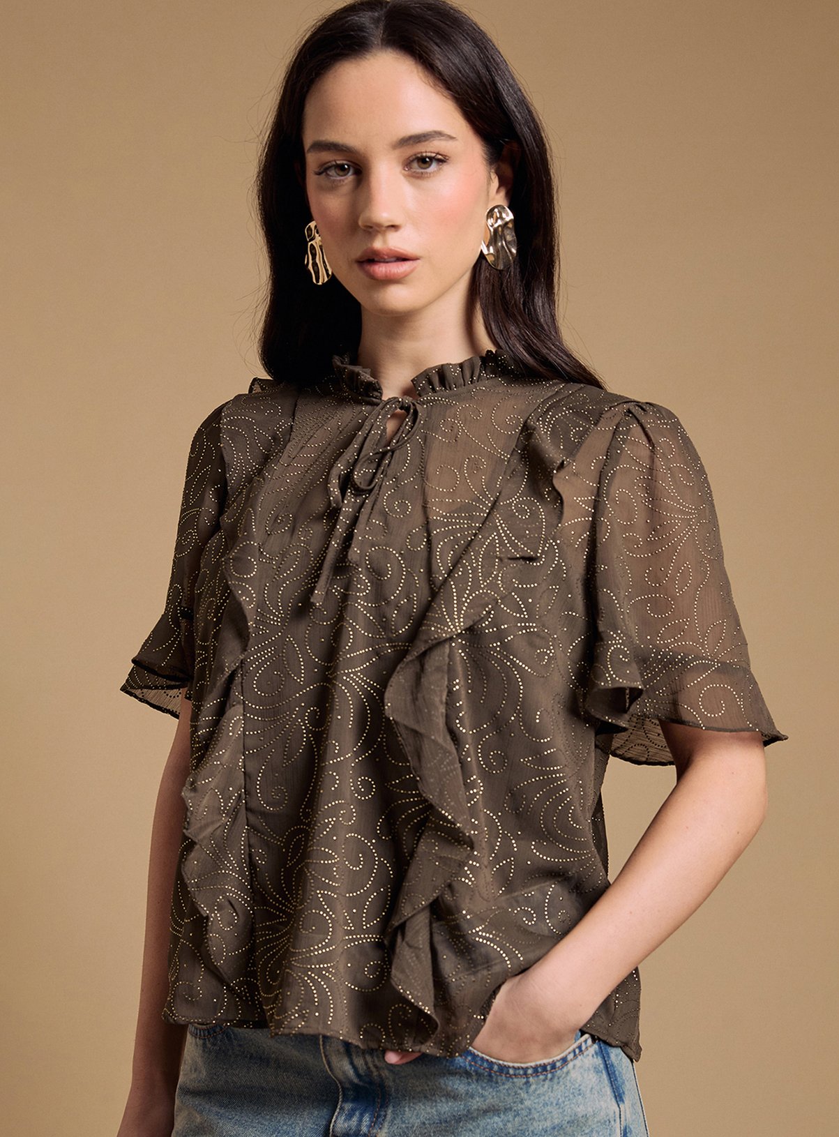 OASIS Tie Neck Frill Babydoll Blouse 10