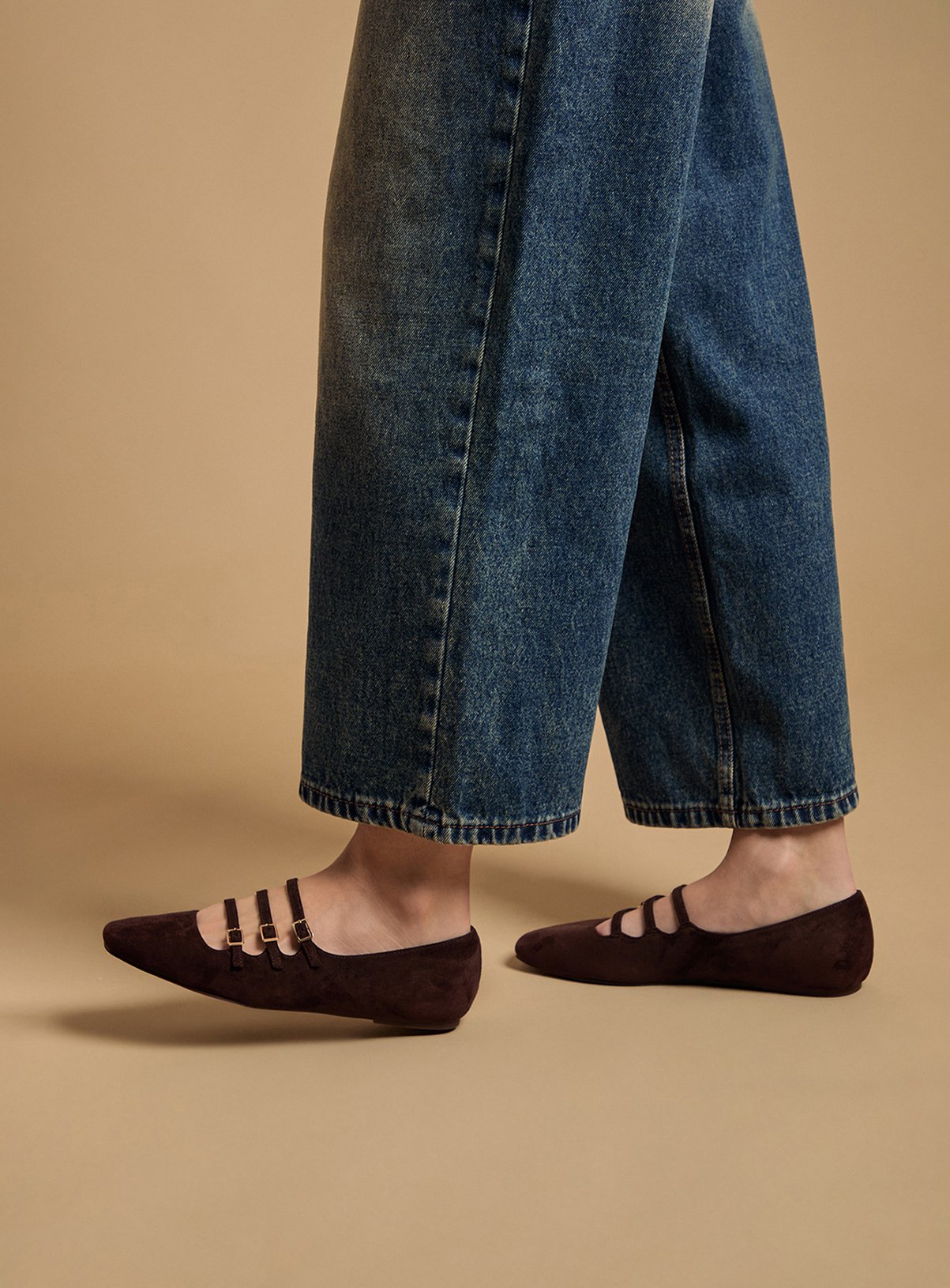 OASIS Madalena Faux Suede Multi Maryjane Ballet Pumps Brown 