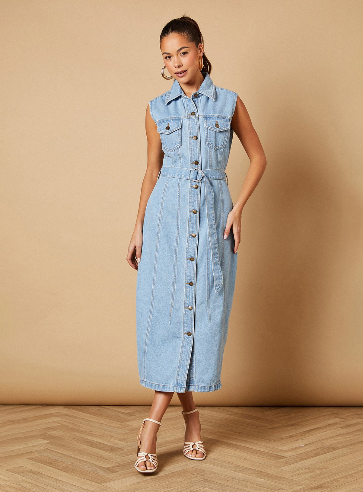 OASIS Belted Waist Pocket Detail Denim Midi Dress 