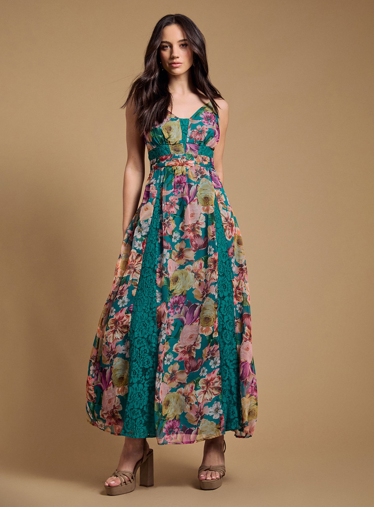 OASIS Lace Panelled Waist Pleated Maxi Dress 10