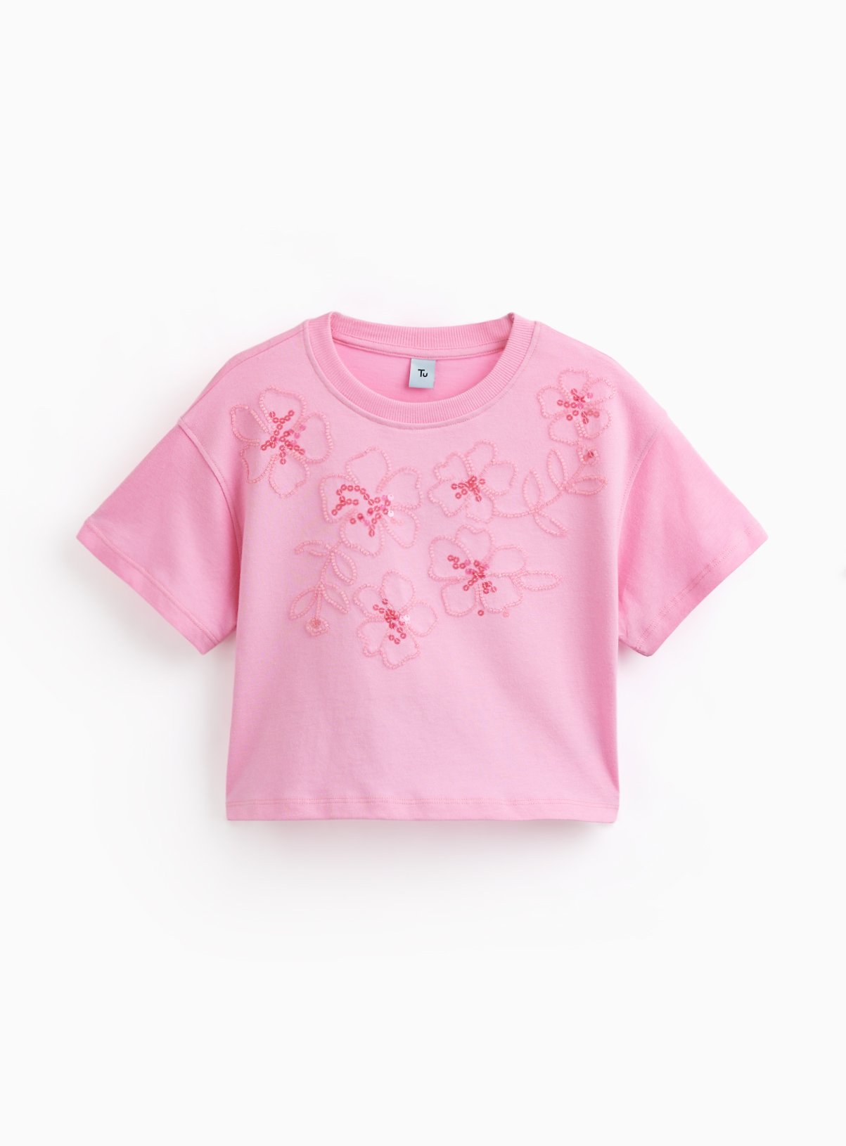 Pink Floral Sequin Detail T-Shirt 