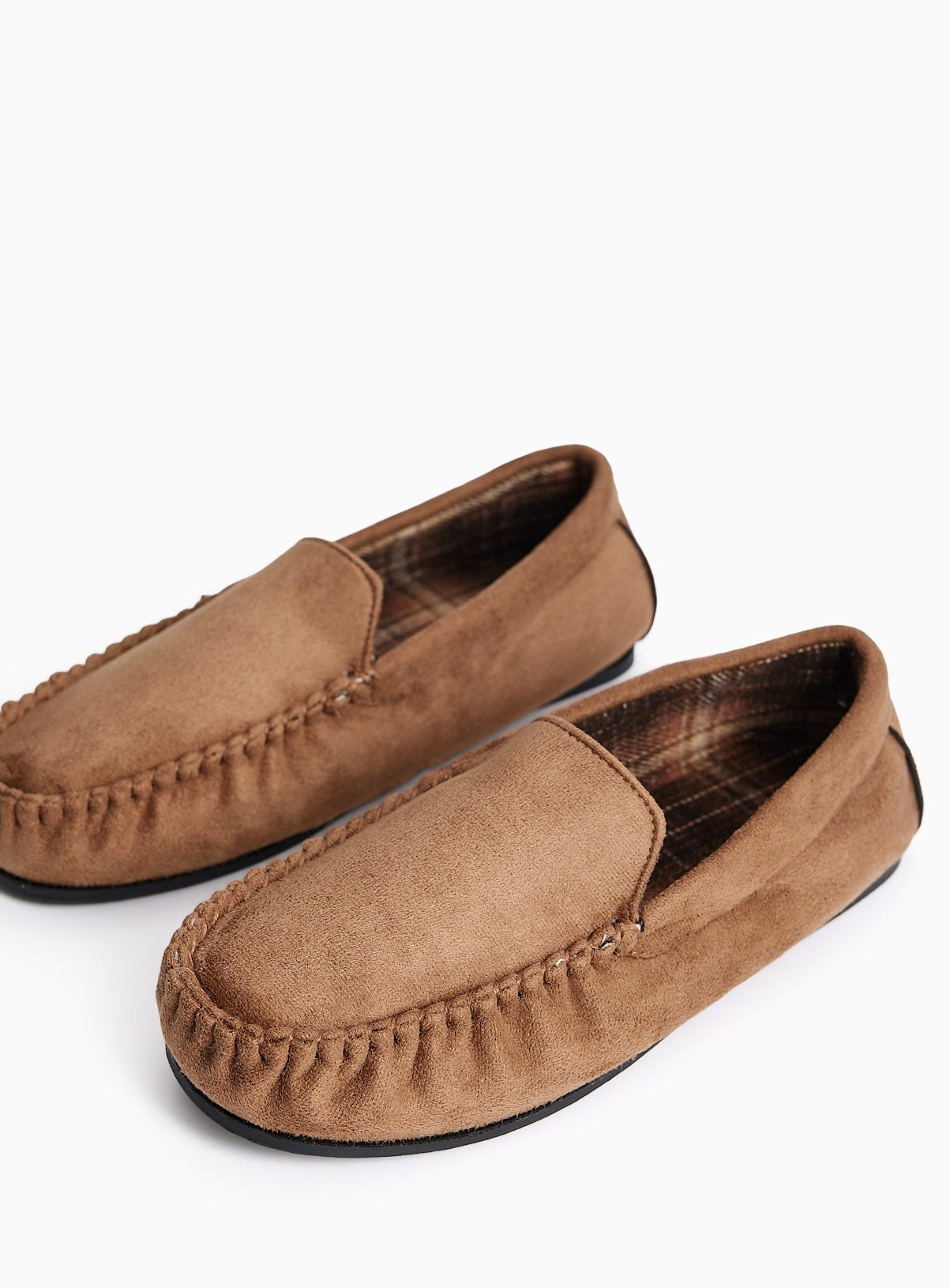 Tan Check Lined Moccasin Slippers 