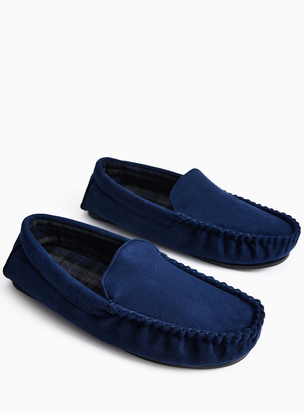 Navy Check Collar Moccasin Slippers 