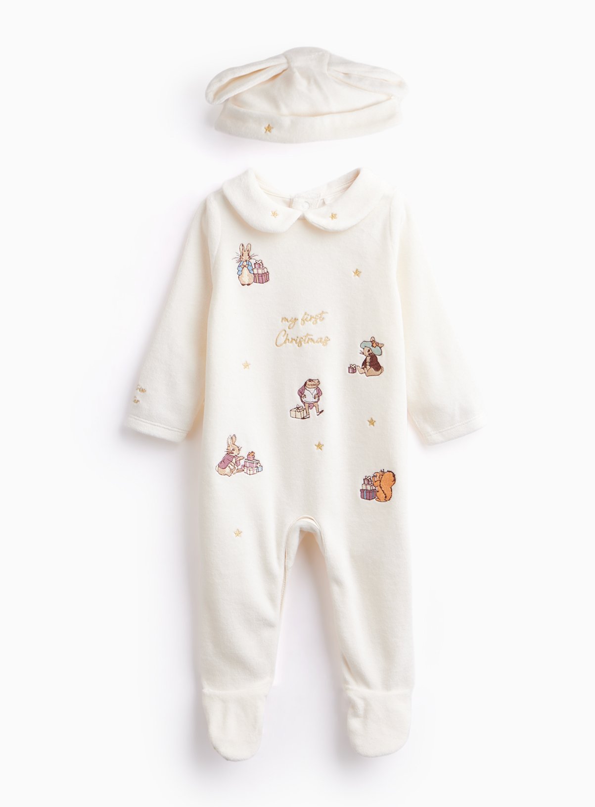 Peter Rabbit Cream Christmas Sleepsuit & Hat Set 3-6 months