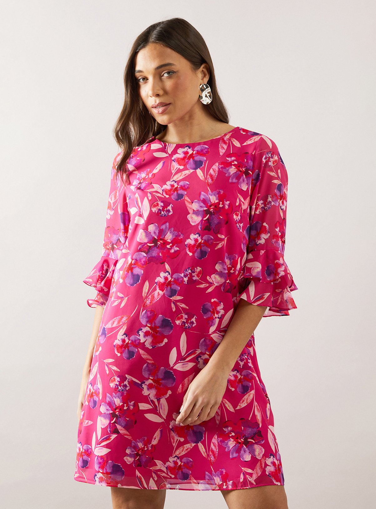 WALLIS Petite Pink Watercolour Floral Ruffle Sleeve Shift Dress 