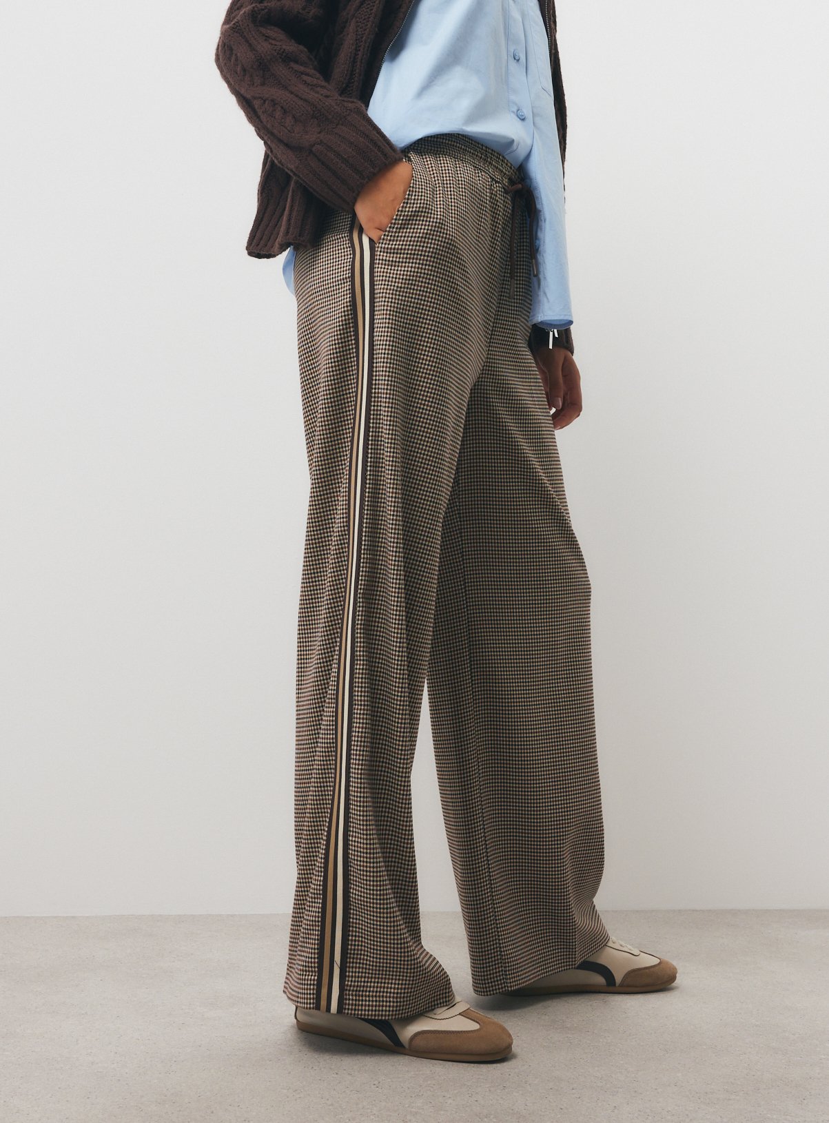 Brown Woven Check Side Stripe Wide Leg Trousers 