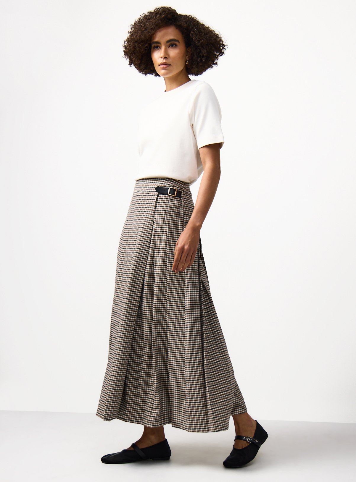 Neutral Check Print Midi Kilt 