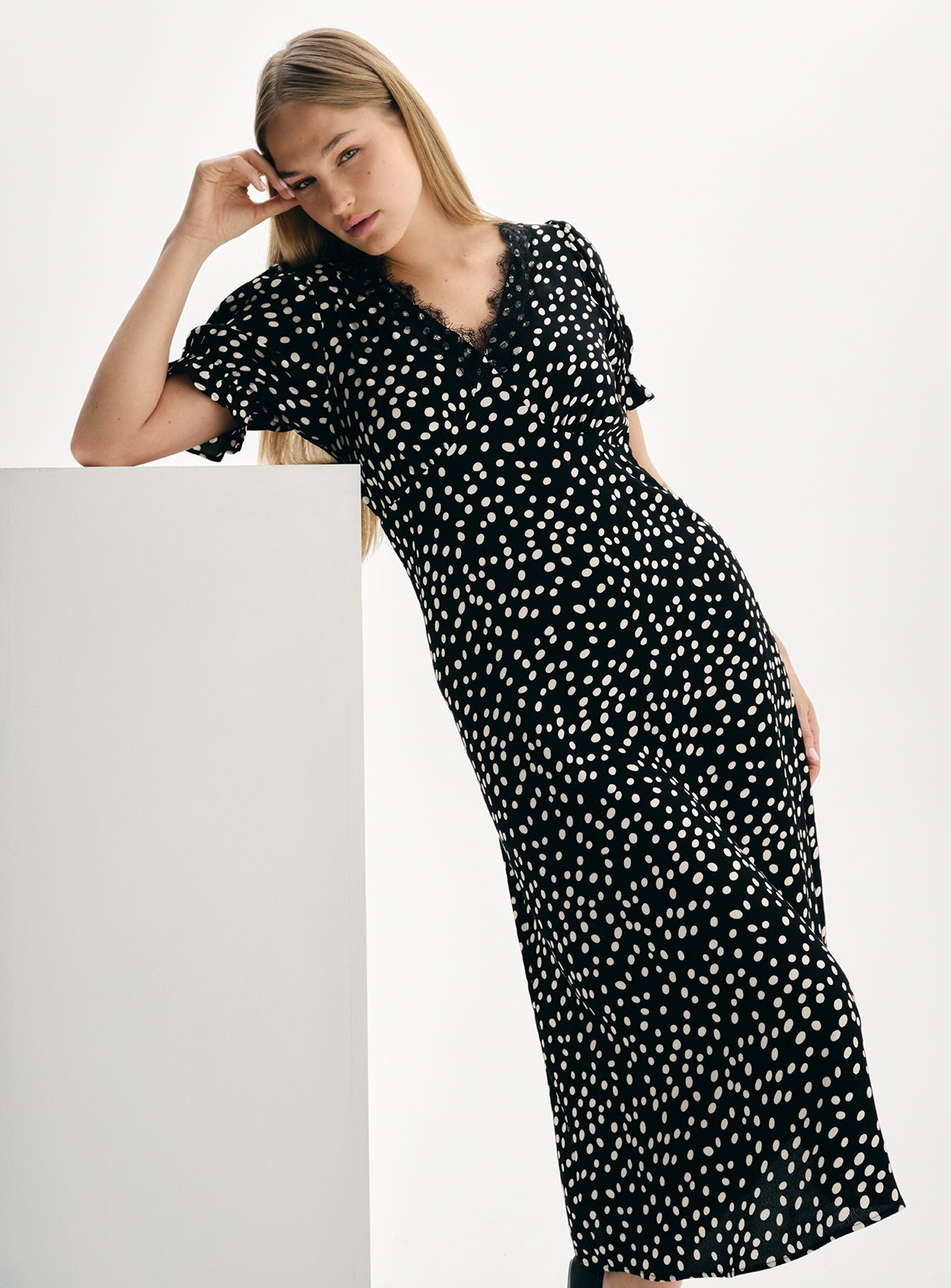Mono Spot Lace Trim Midaxi Tea Dress 