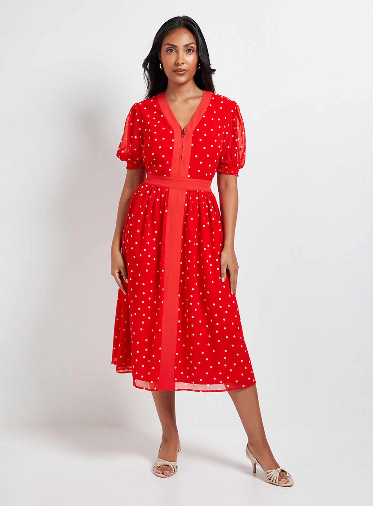 WALLIS Petite Spot Zip Puff Sleeve Midi Dress