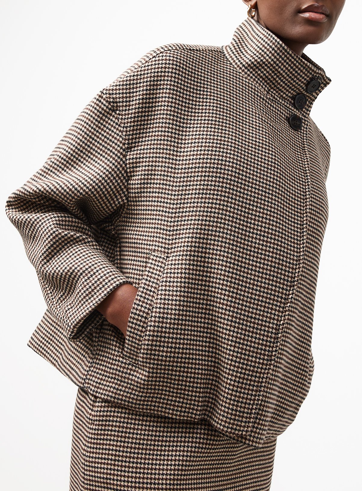 Brown Check Funnel Neck Boxy Jacket 