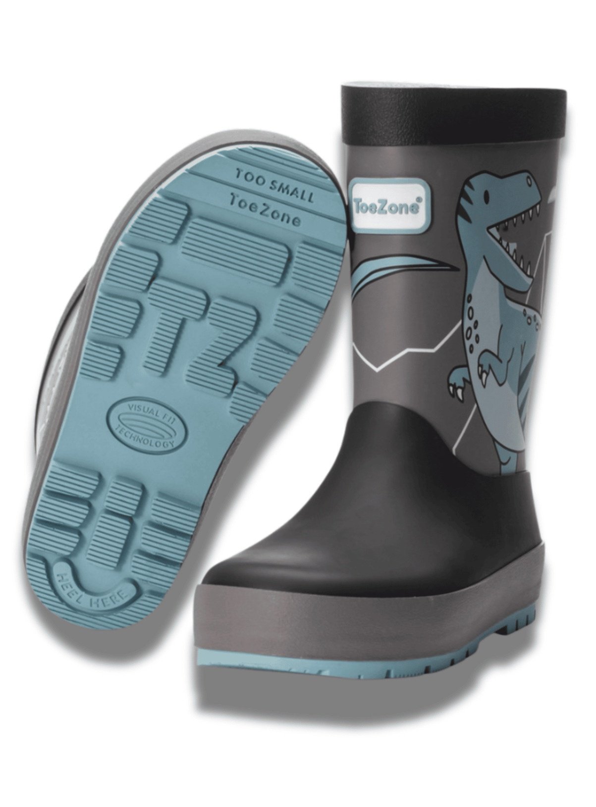 TOEZONE Danny Boys Dinosaur Character Grey Waterproof Lined Wellies 
